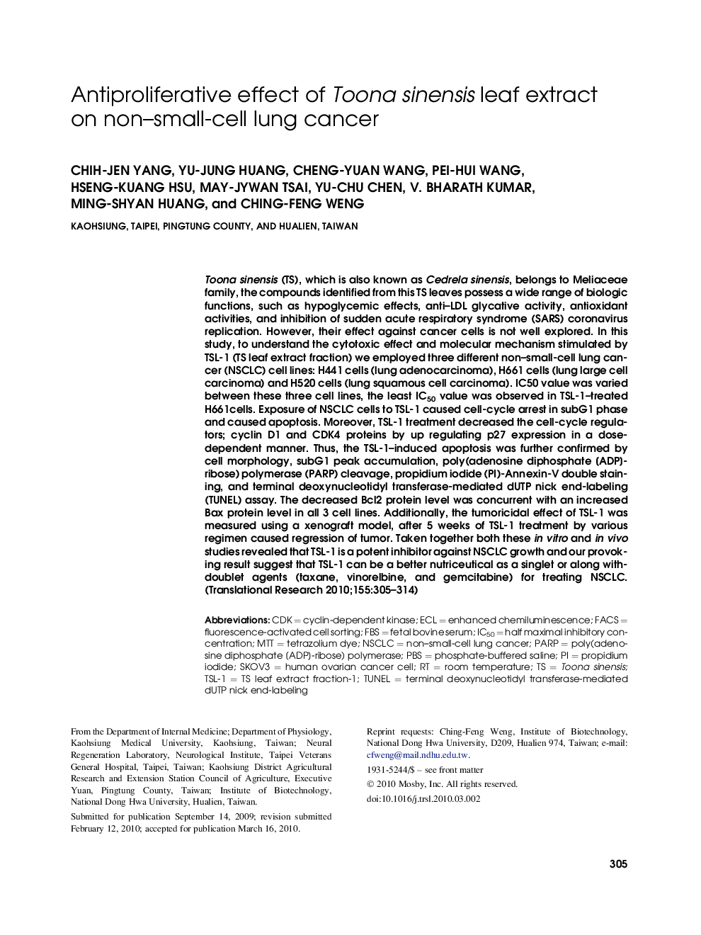 Antiproliferative effect of Toona sinensis leaf extract on non–small-cell lung cancer