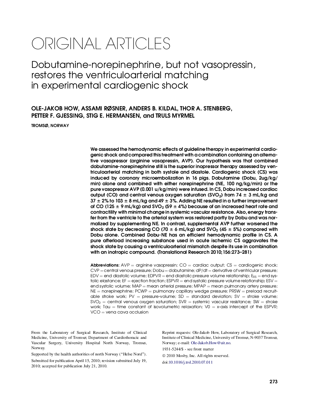 Dobutamine-norepinephrine, but not vasopressin, restores the ventriculoarterial matching in experimental cardiogenic shock 