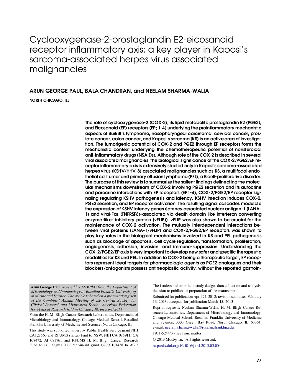 Cyclooxygenase-2-prostaglandin E2-eicosanoid receptor inflammatory axis: a key player in Kaposi's sarcoma-associated herpes virus associated malignancies 