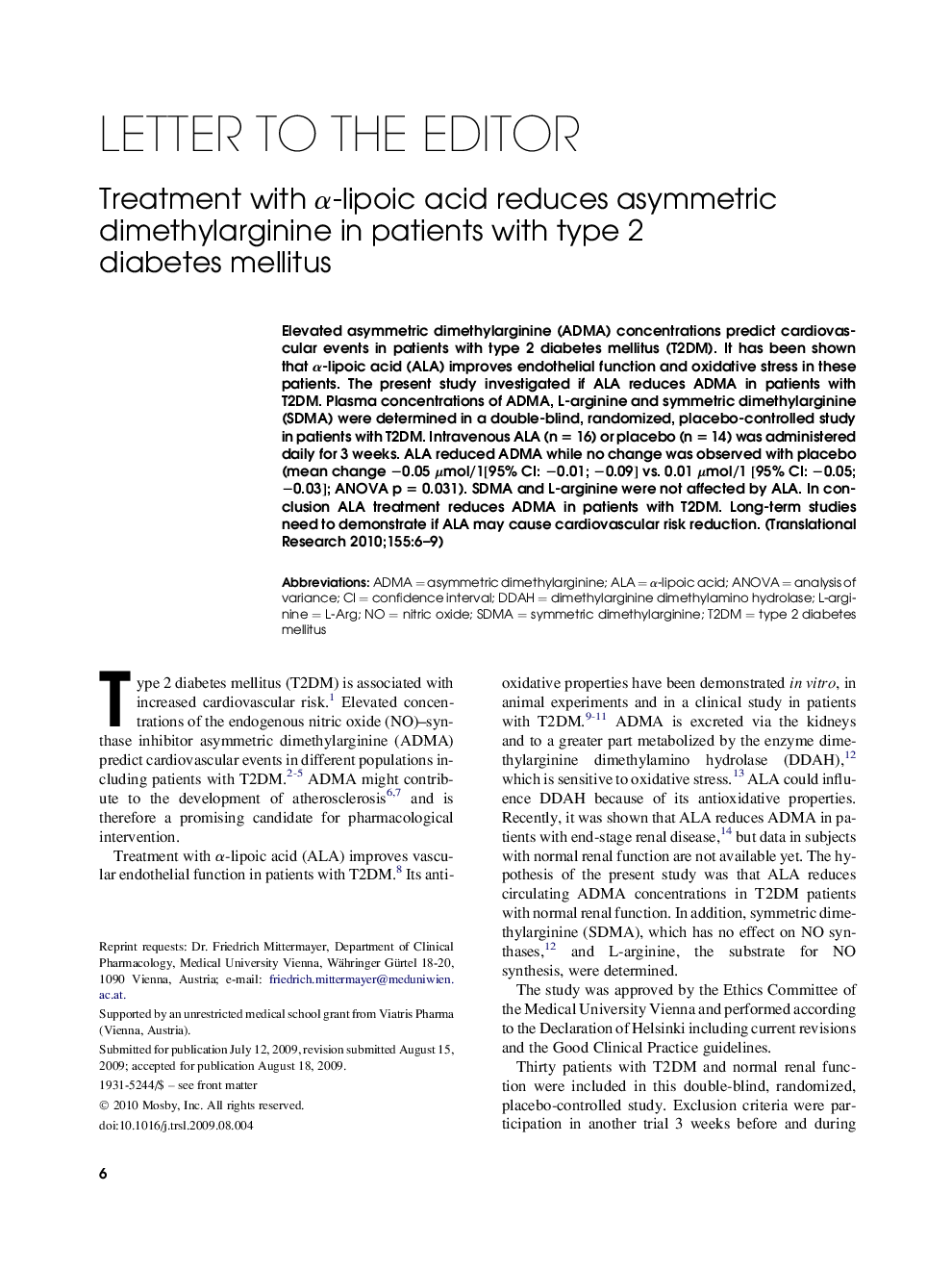 Treatment with α-lipoic acid reduces asymmetric dimethylarginine in patients with type 2 diabetes mellitus 