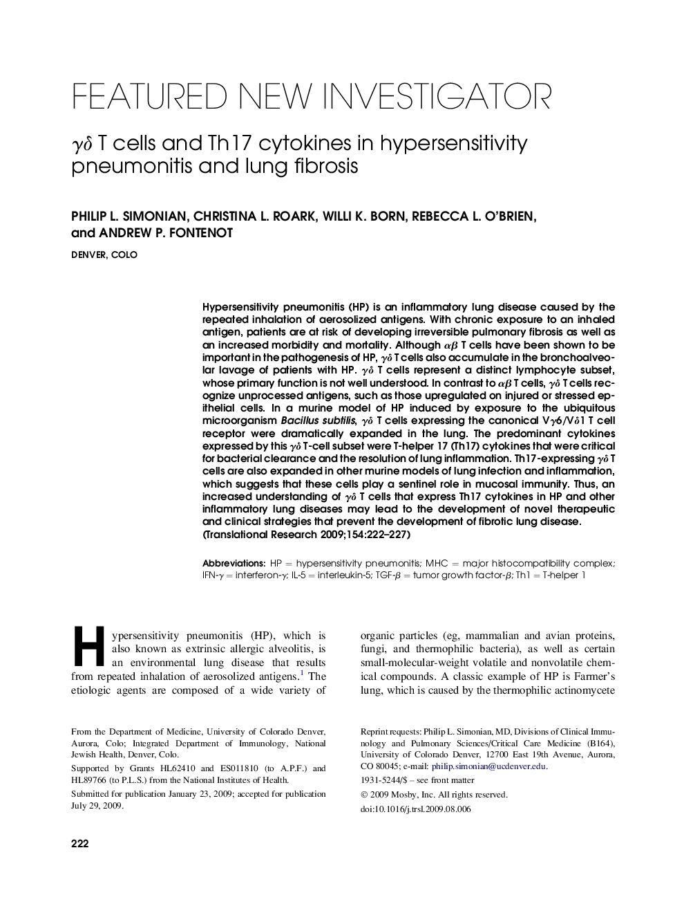 γδ T cells and Th17 cytokines in hypersensitivity pneumonitis and lung fibrosis 