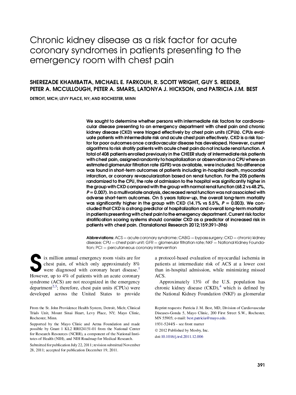 Chronic kidney disease as a risk factor for acute coronary syndromes in patients presenting to the emergency room with chest pain 