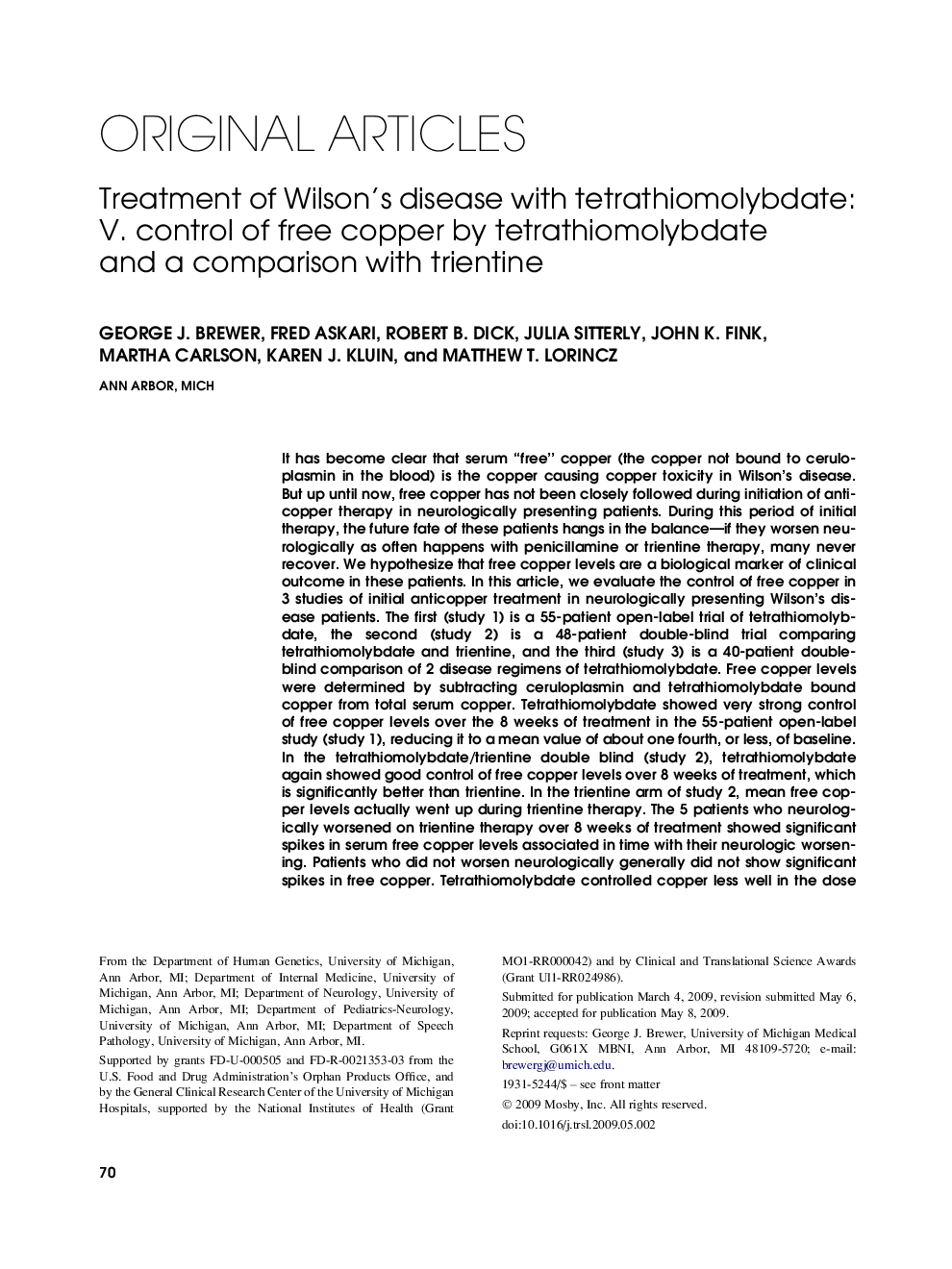 Treatment of Wilson's disease with tetrathiomolybdate: V. control of free copper by tetrathiomolybdate and a comparison with trientine 