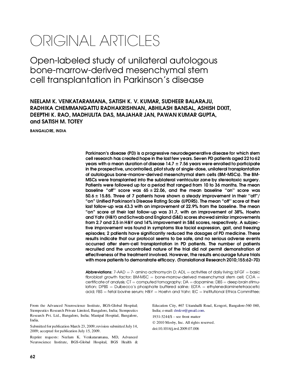 Open-labeled study of unilateral autologous bone-marrow-derived mesenchymal stem cell transplantation in Parkinson's disease