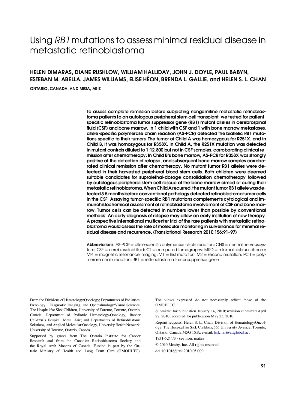 Using RB1 mutations to assess minimal residual disease in metastatic retinoblastoma 