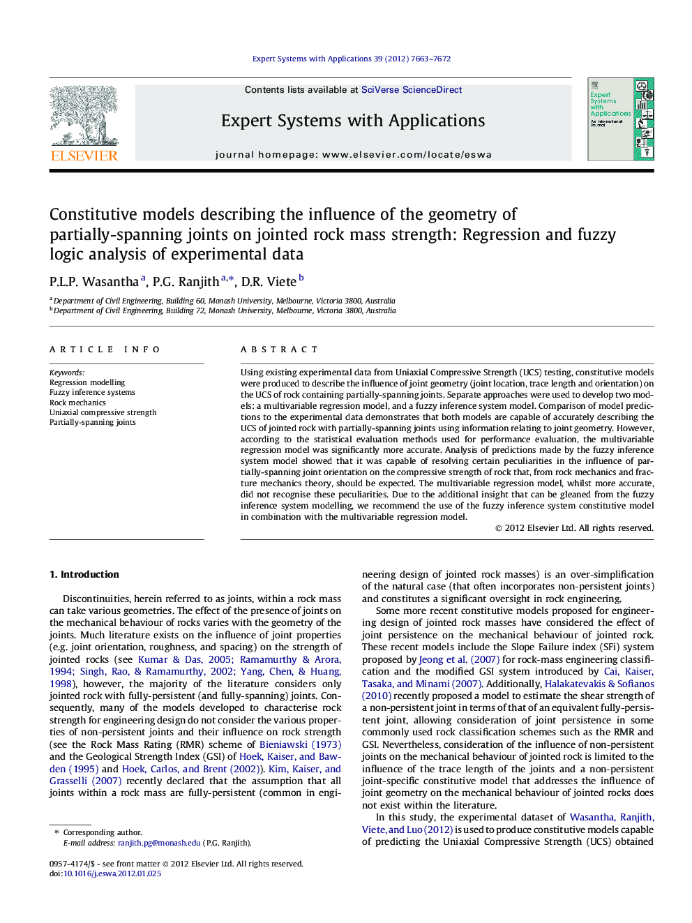 Constitutive models describing the influence of the geometry of partially-spanning joints on jointed rock mass strength: Regression and fuzzy logic analysis of experimental data