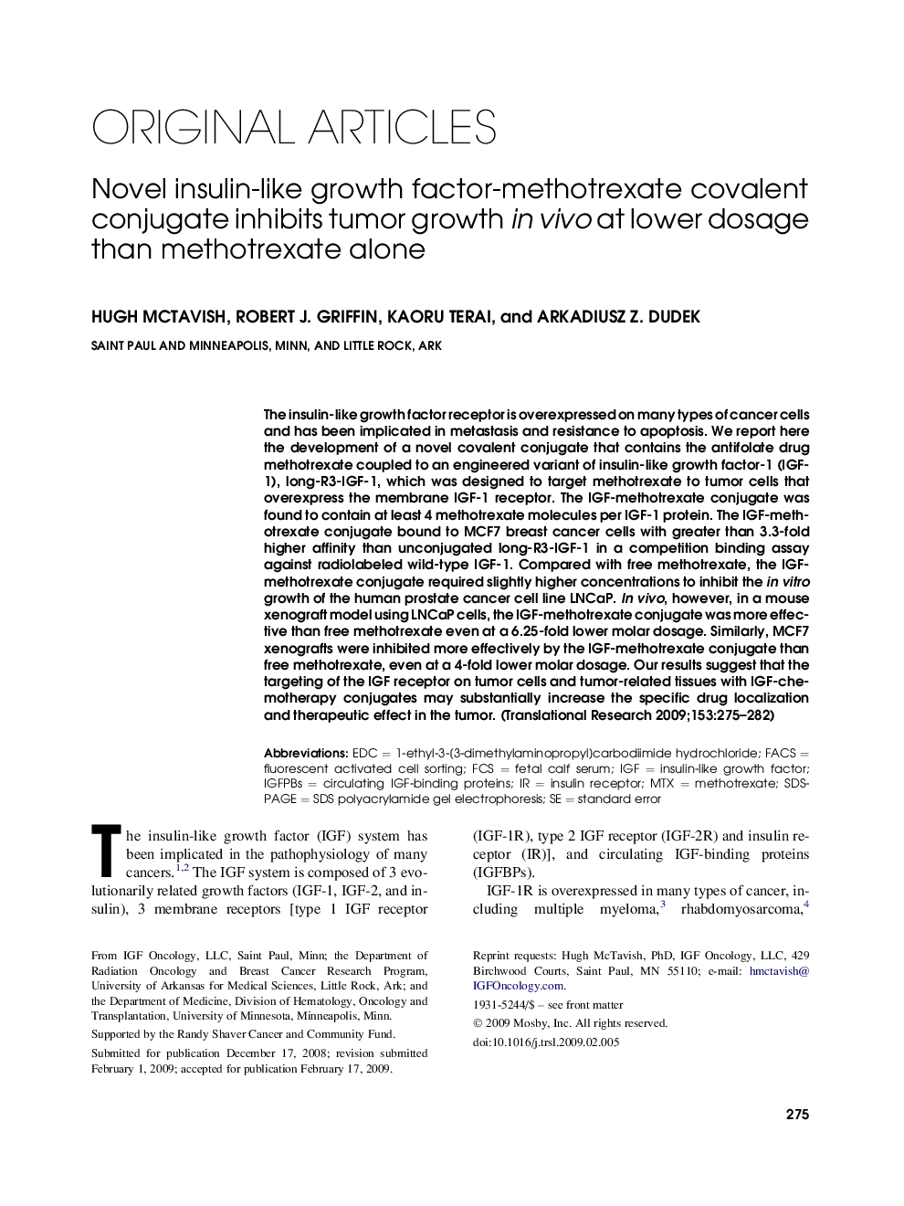 Novel insulin-like growth factor-methotrexate covalent conjugate inhibits tumor growth in vivo at lower dosage than methotrexate alone 