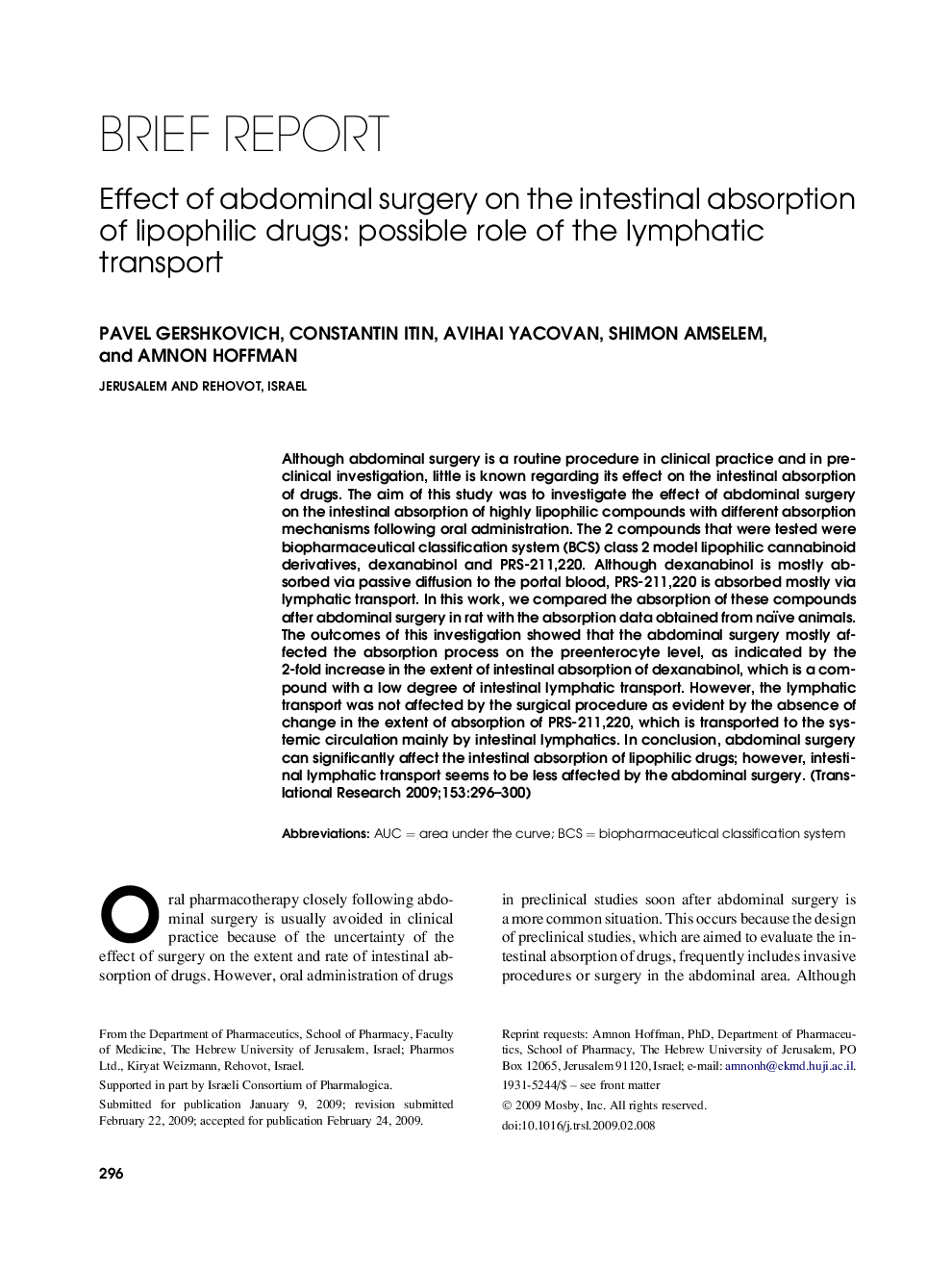 Effect of abdominal surgery on the intestinal absorption of lipophilic drugs: possible role of the lymphatic transport 