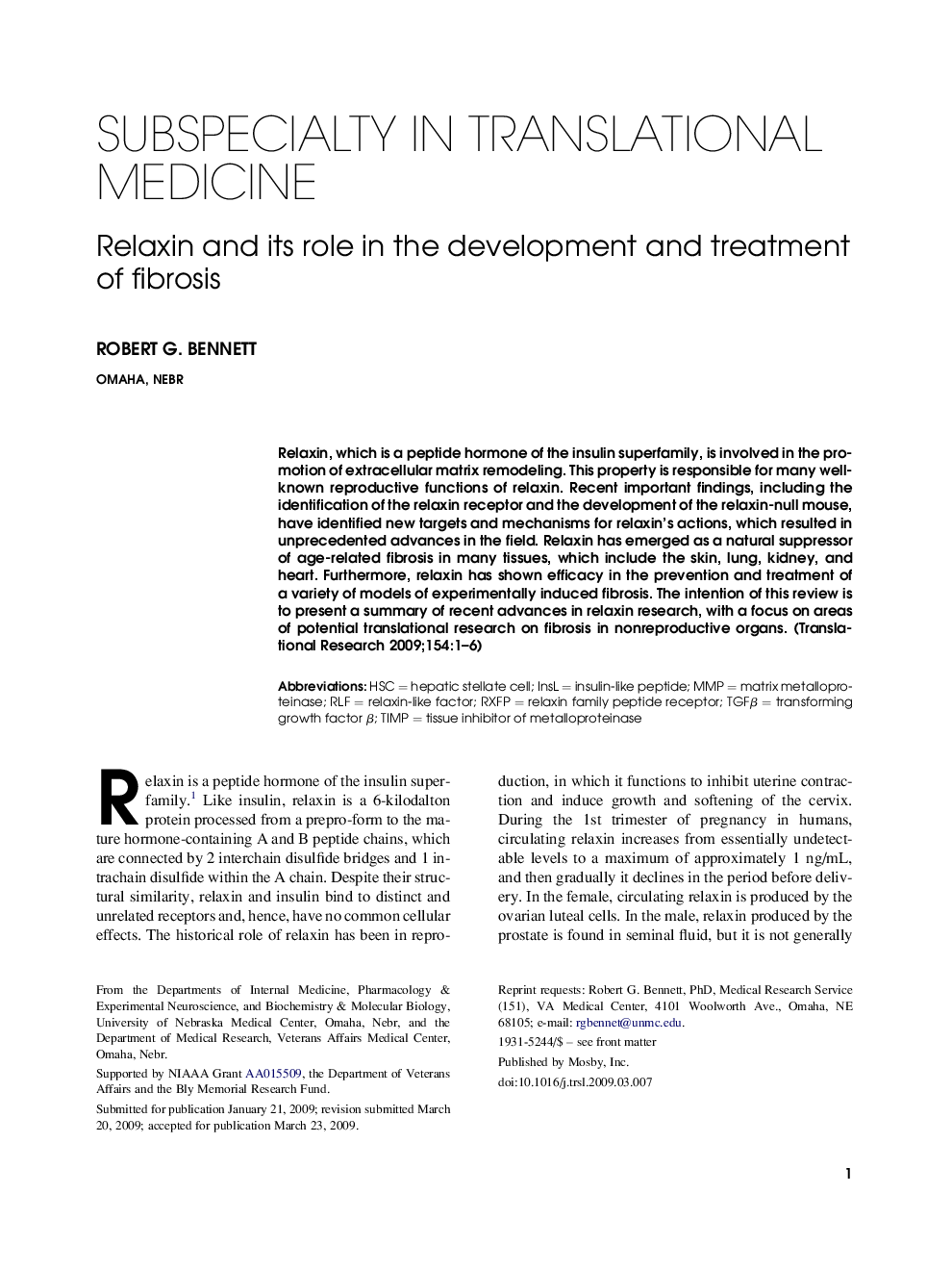 Relaxin and its role in the development and treatment of fibrosis 