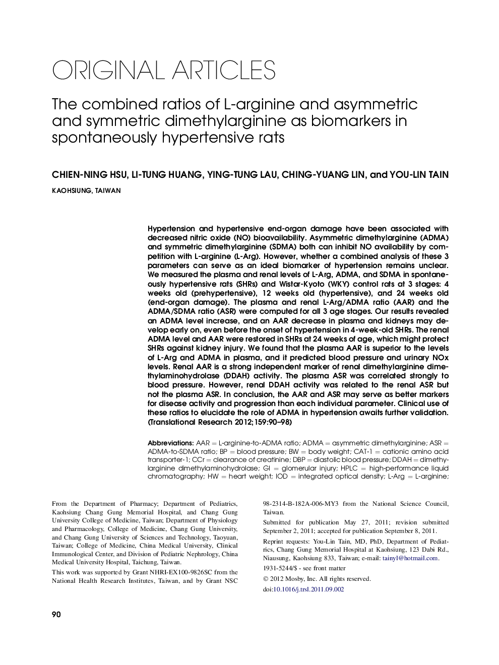 The combined ratios of L-arginine and asymmetric and symmetric dimethylarginine as biomarkers in spontaneously hypertensive rats 