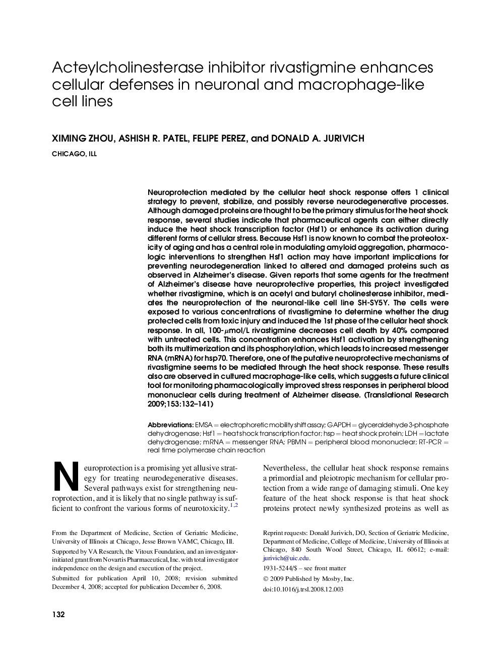 Acteylcholinesterase inhibitor rivastigmine enhances cellular defenses in neuronal and macrophage-like cell lines 