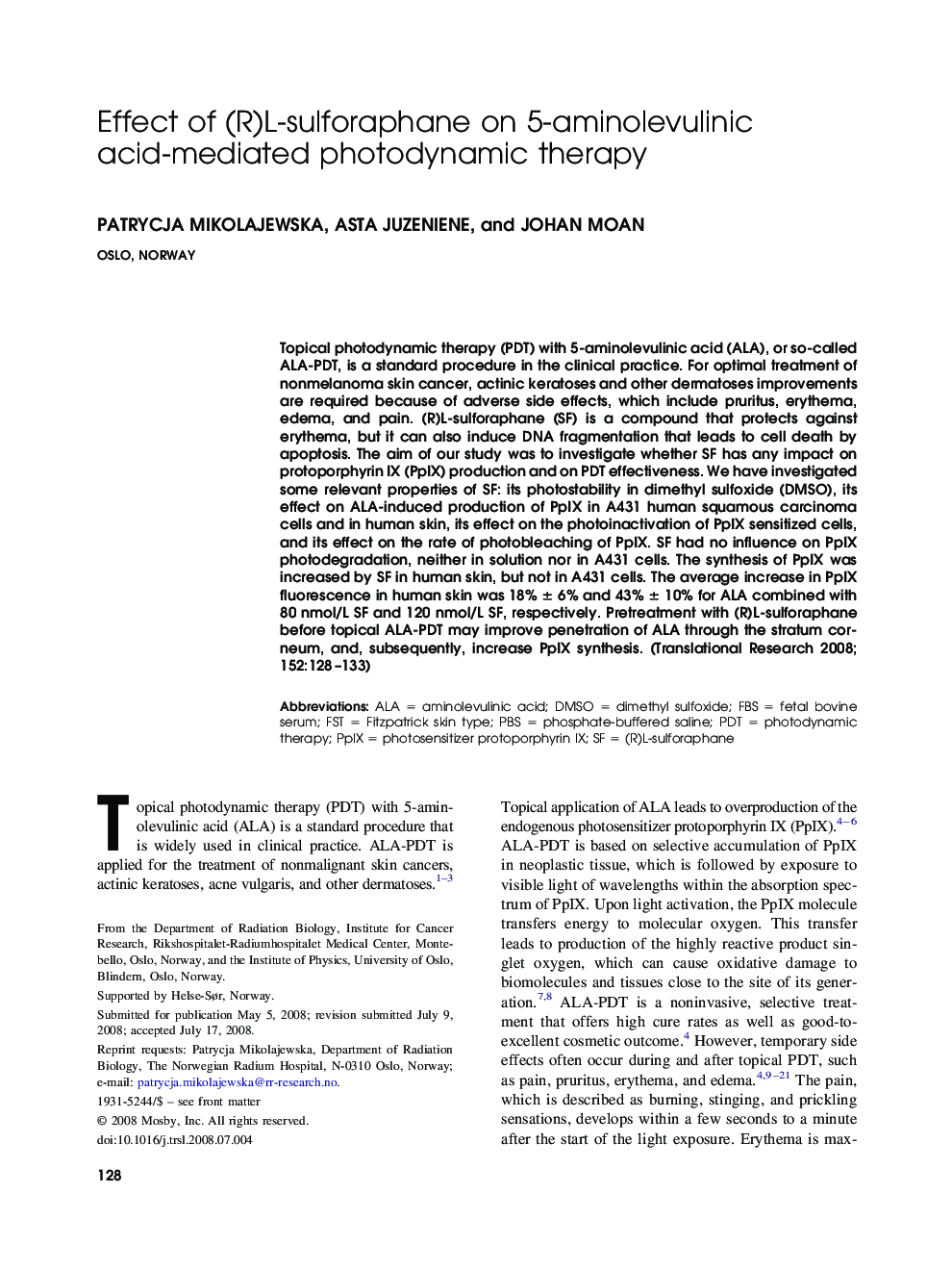 Effect of (R)L-sulforaphane on 5-aminolevulinic acid-mediated photodynamic therapy 