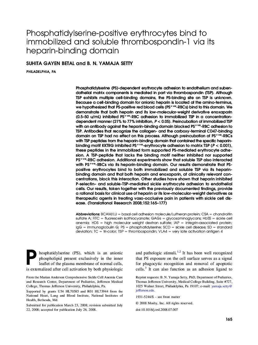 Phosphatidylserine-positive erythrocytes bind to immobilized and soluble thrombospondin-1 via its heparin-binding domain 
