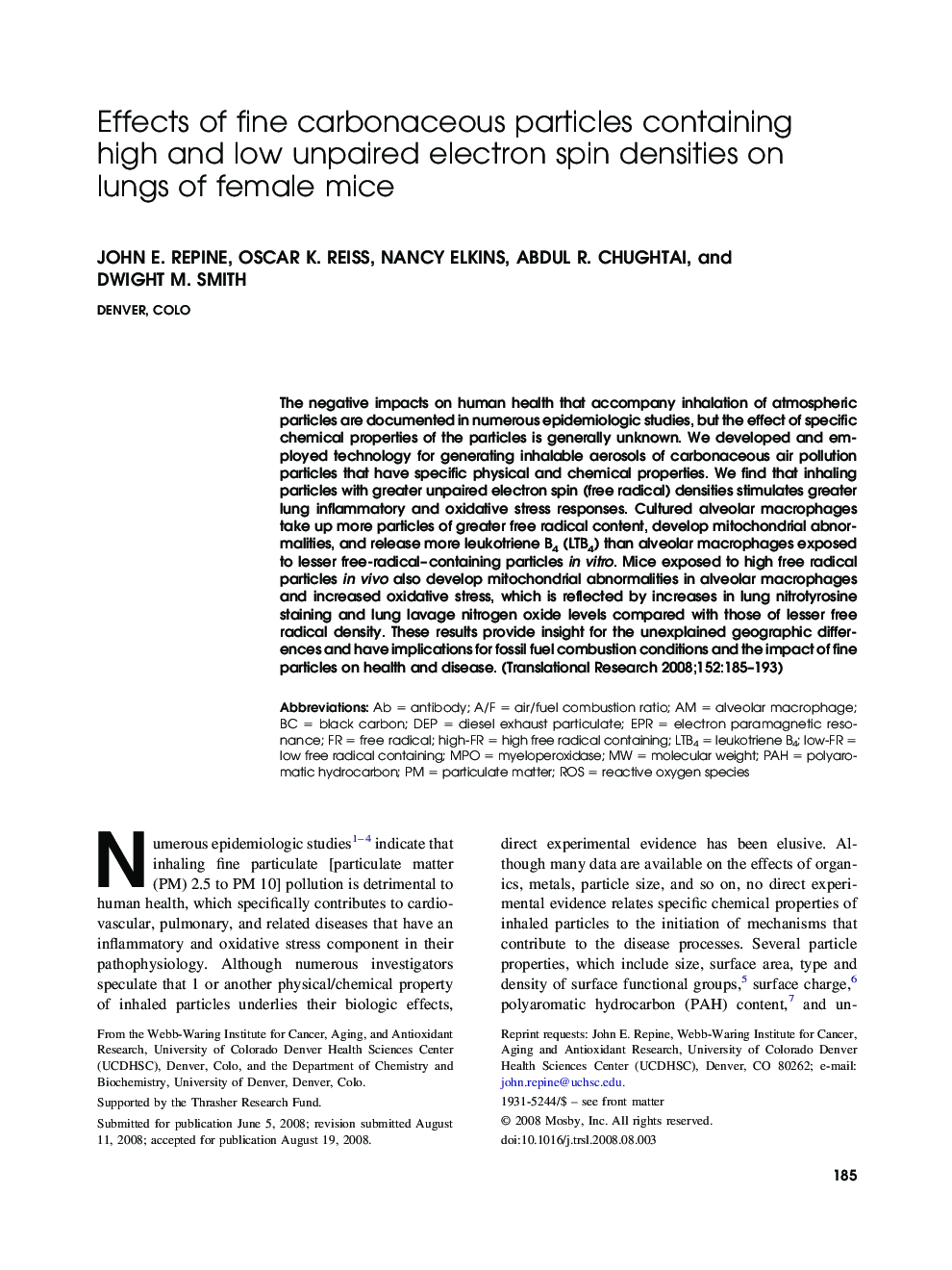 Effects of fine carbonaceous particles containing high and low unpaired electron spin densities on lungs of female mice