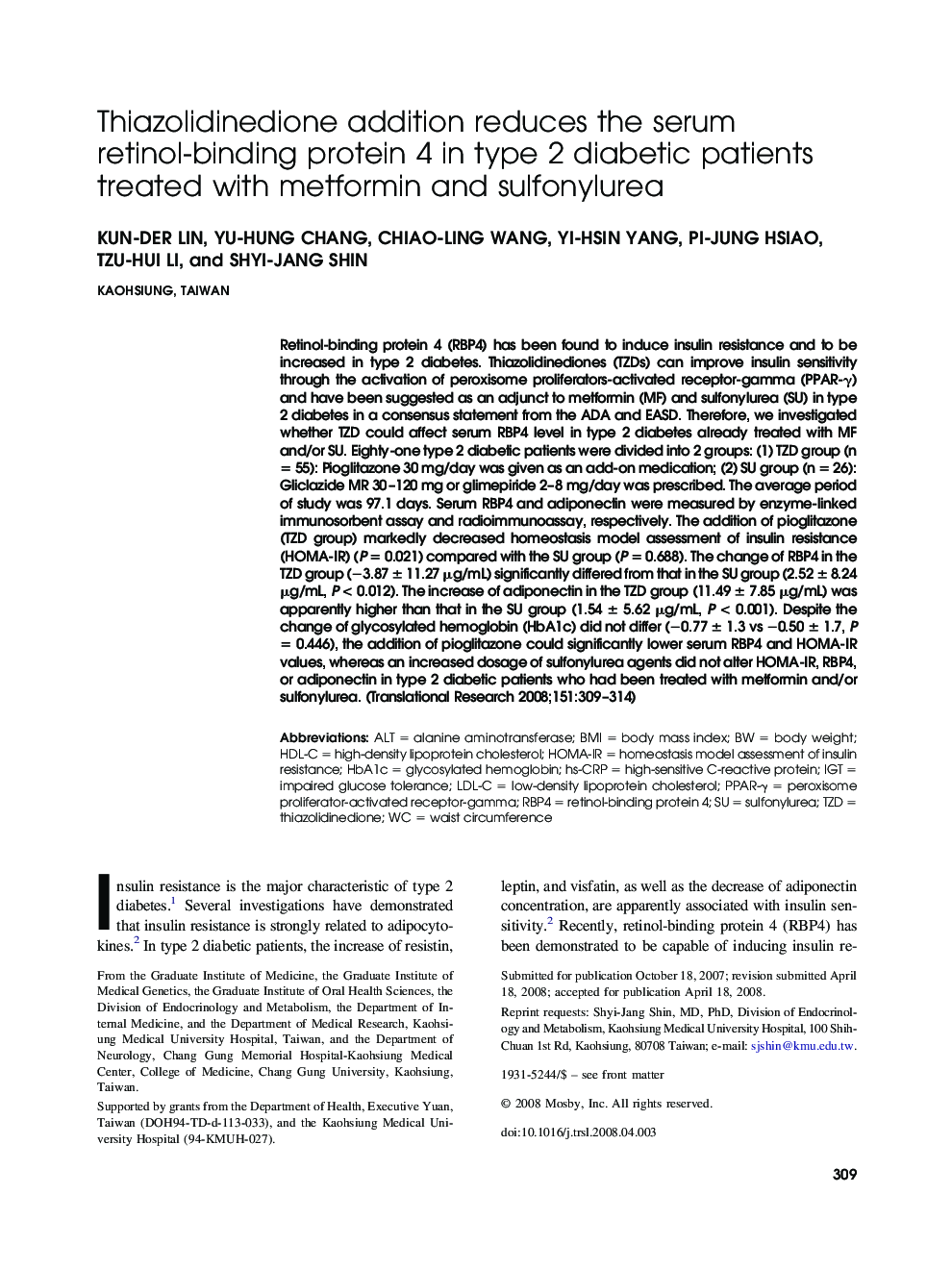 Thiazolidinedione addition reduces the serum retinol-binding protein 4 in type 2 diabetic patients treated with metformin and sulfonylurea 