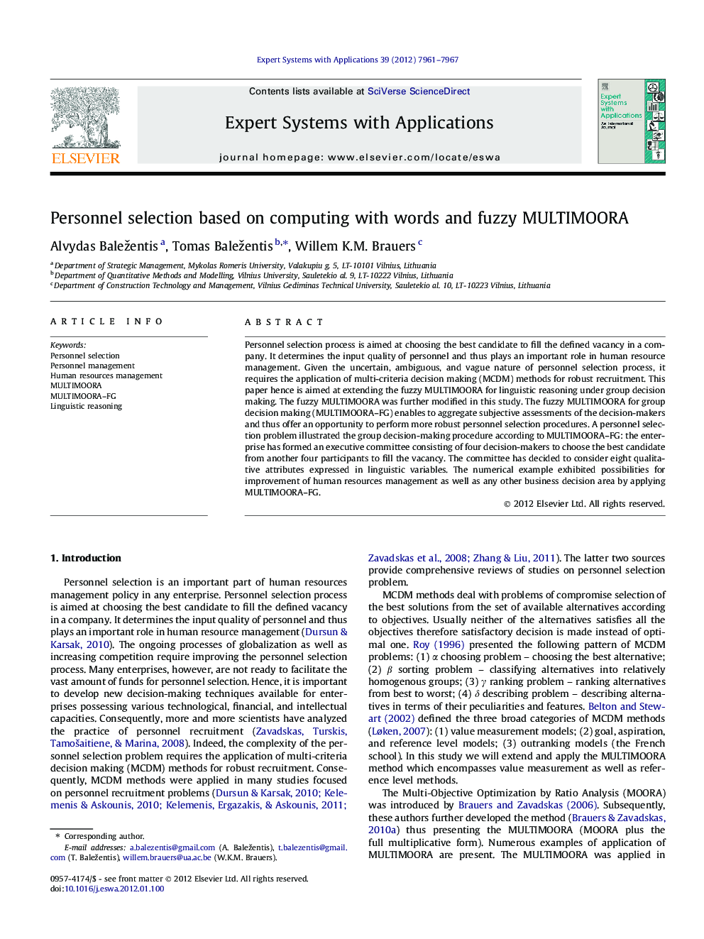 Personnel selection based on computing with words and fuzzy MULTIMOORA