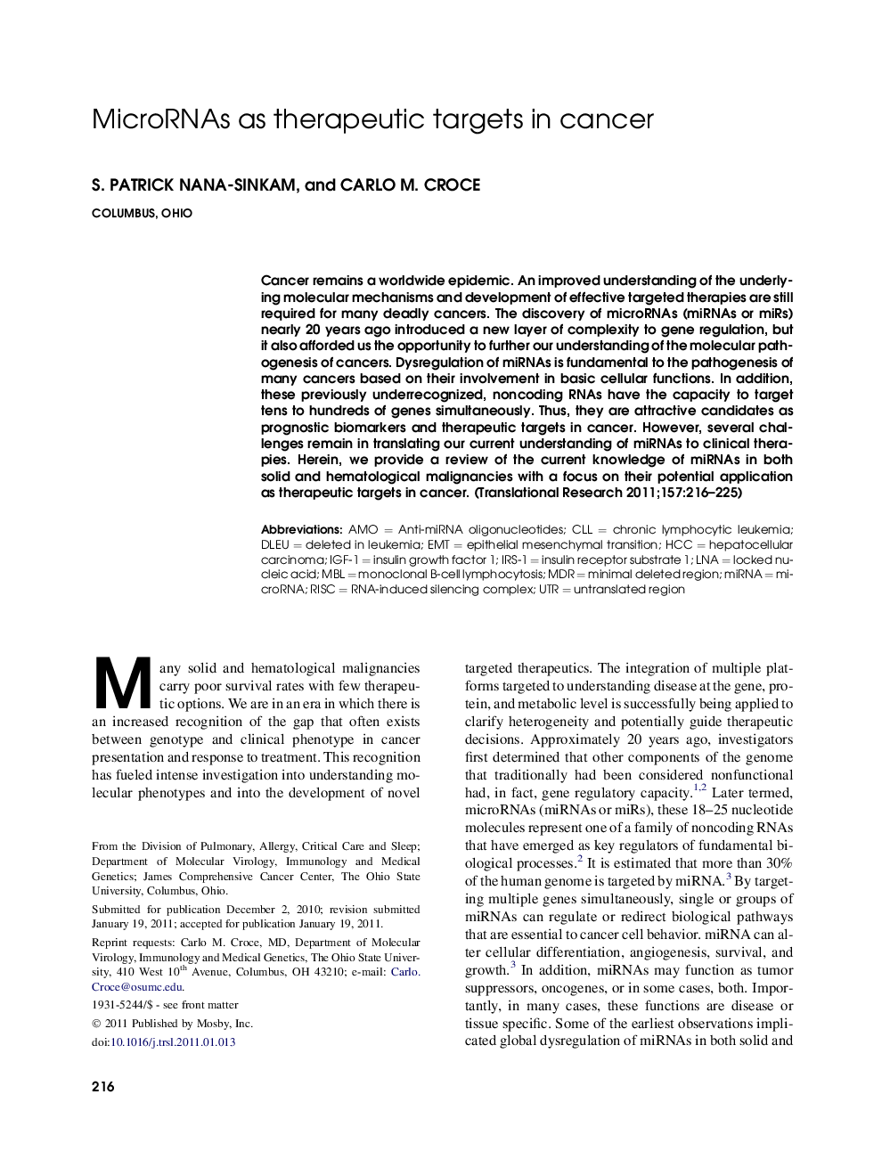 MicroRNAs as therapeutic targets in cancer