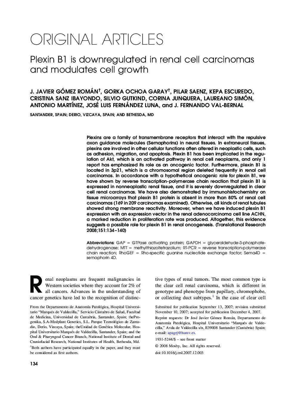 Plexin B1 is downregulated in renal cell carcinomas and modulates cell growth