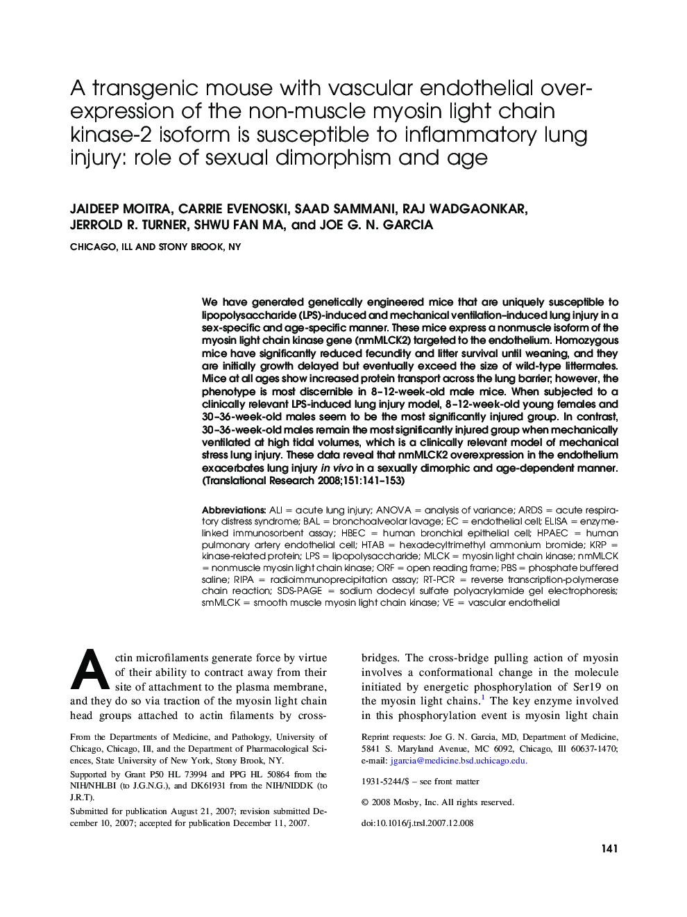 A transgenic mouse with vascular endothelial over-expression of the non-muscle myosin light chain kinase-2 isoform is susceptible to inflammatory lung injury: role of sexual dimorphism and age