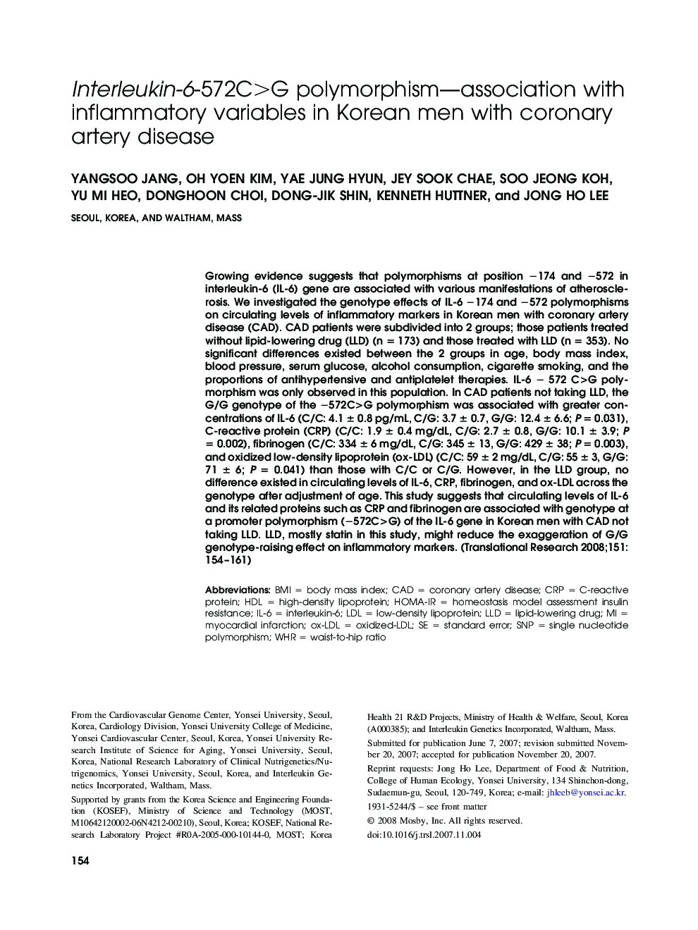 Interleukin-6-572C>G polymorphism—association with inflammatory variables in Korean men with coronary artery disease 