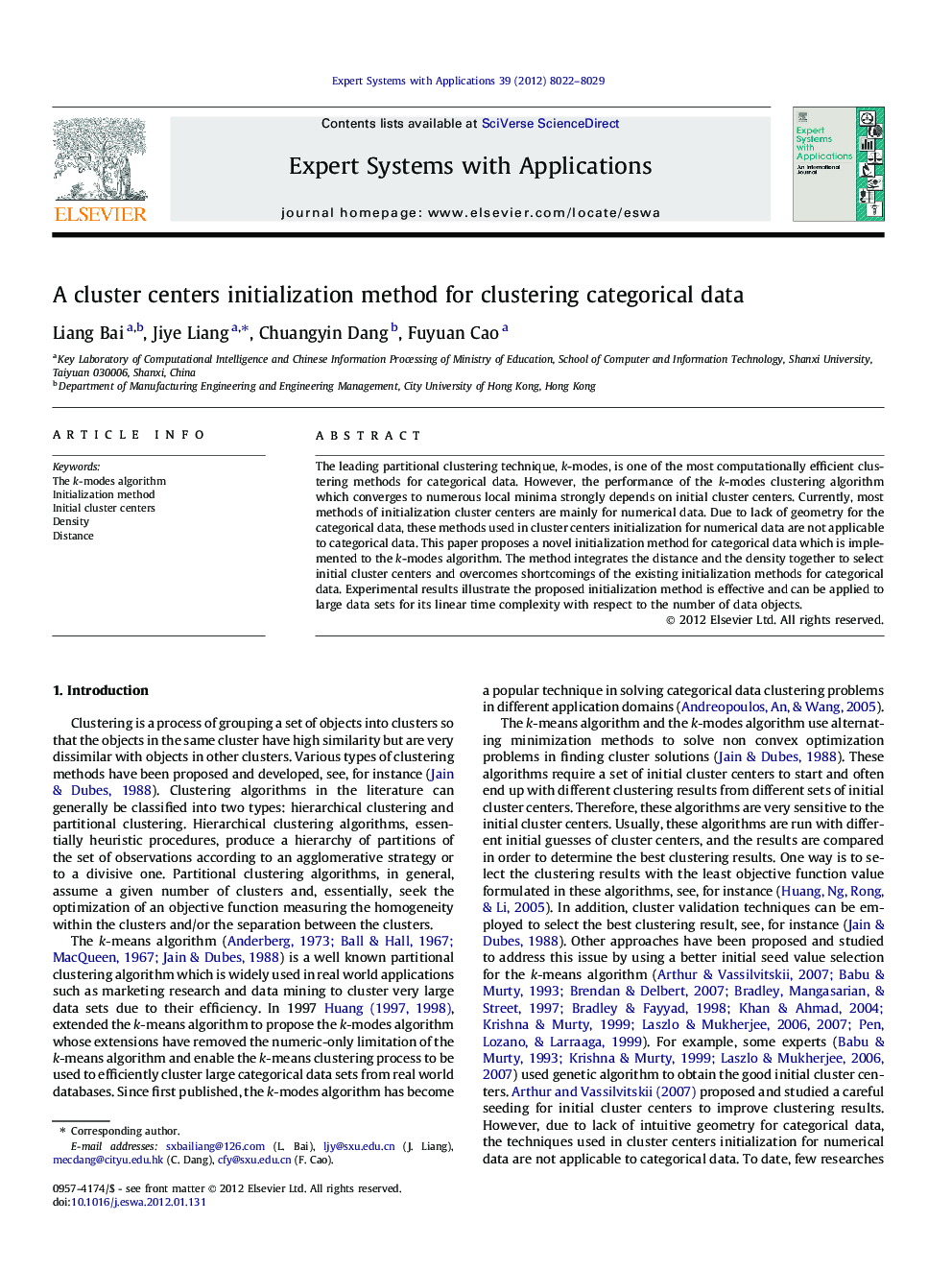 عکس صفحه اول مقاله: A cluster centers initialization method for clustering categorical data A cluster centers initialization method for clustering categorical data