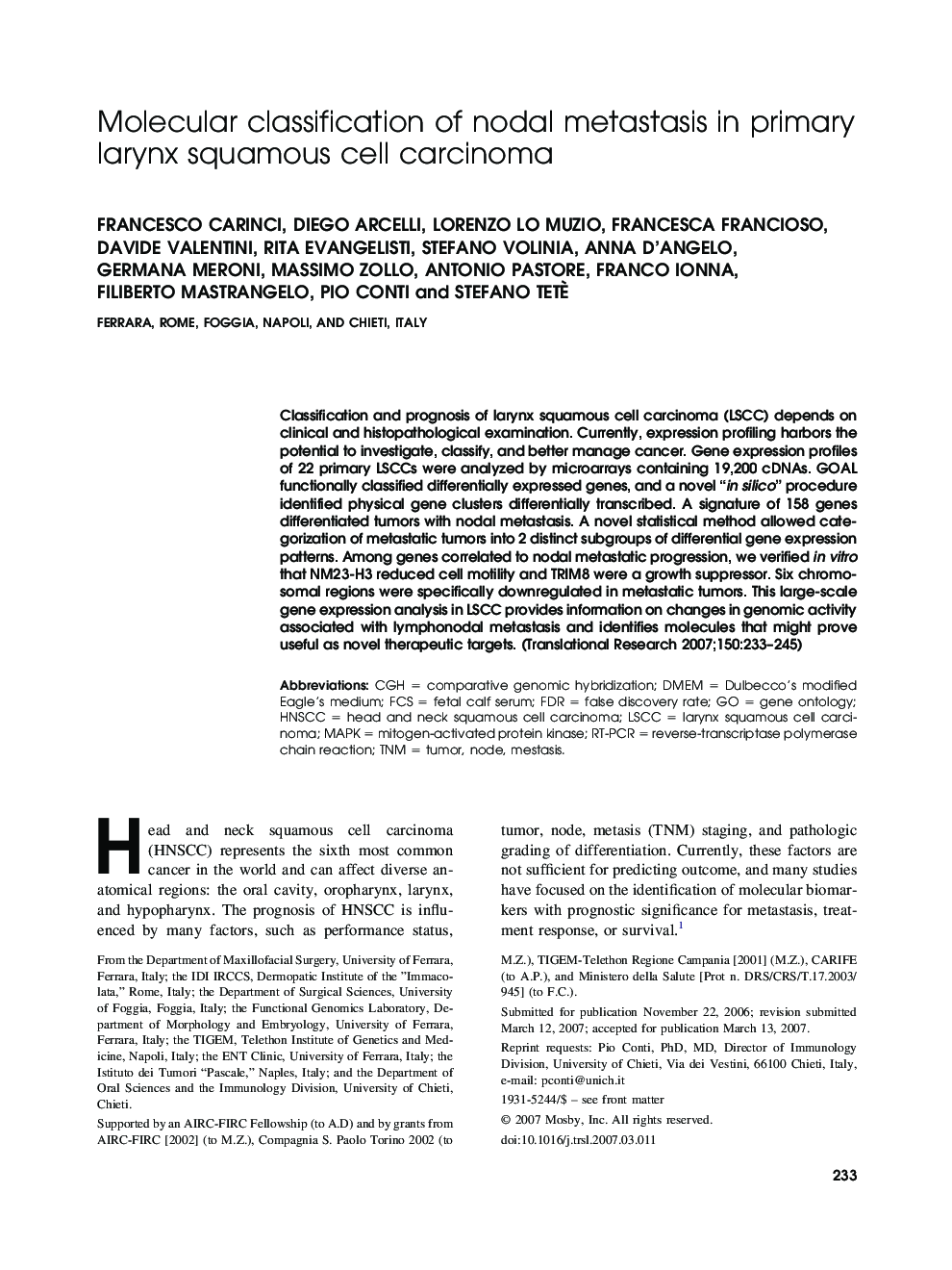 Molecular classification of nodal metastasis in primary larynx squamous cell carcinoma 