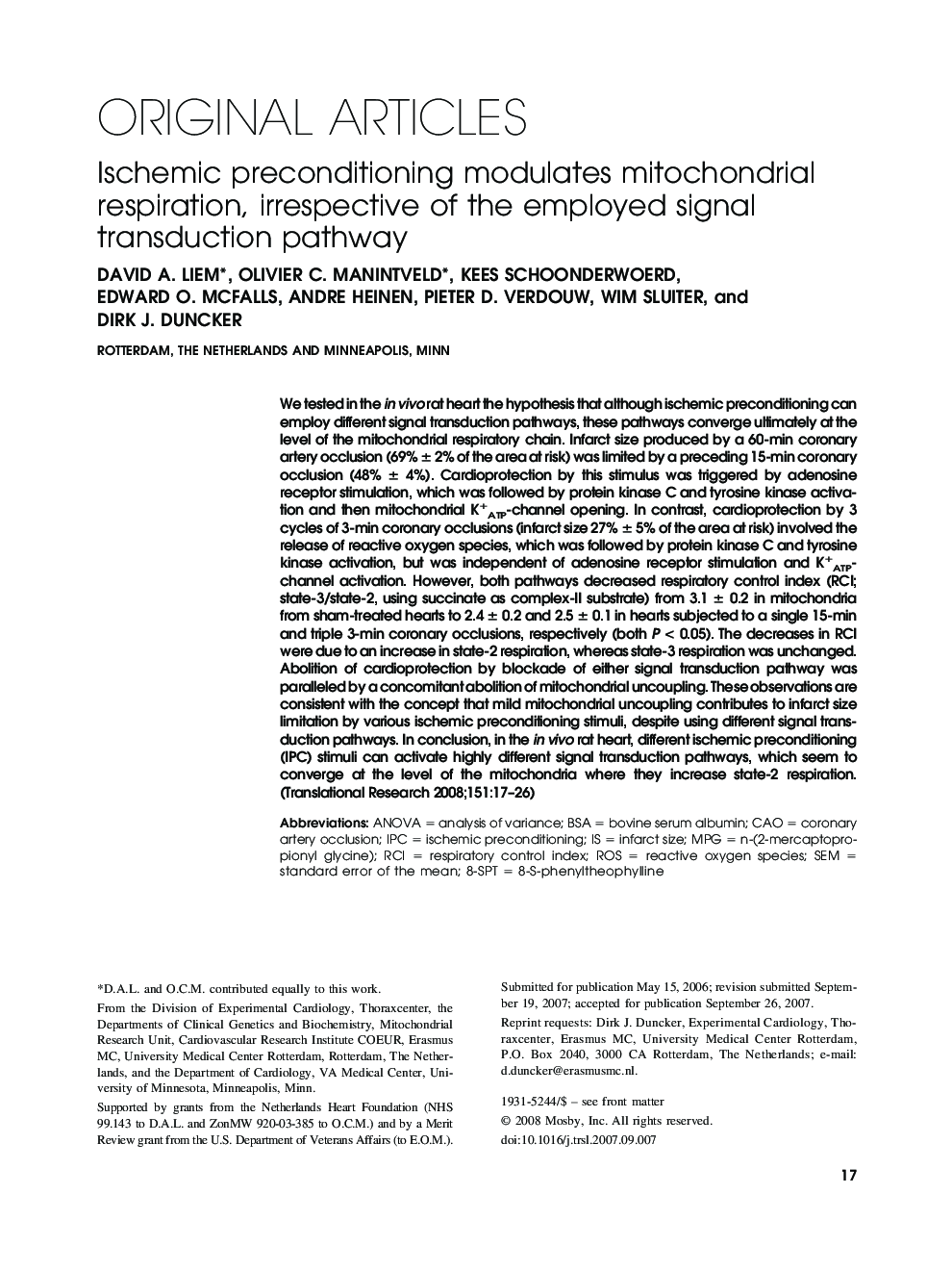 Ischemic preconditioning modulates mitochondrial respiration, irrespective of the employed signal transduction pathway 