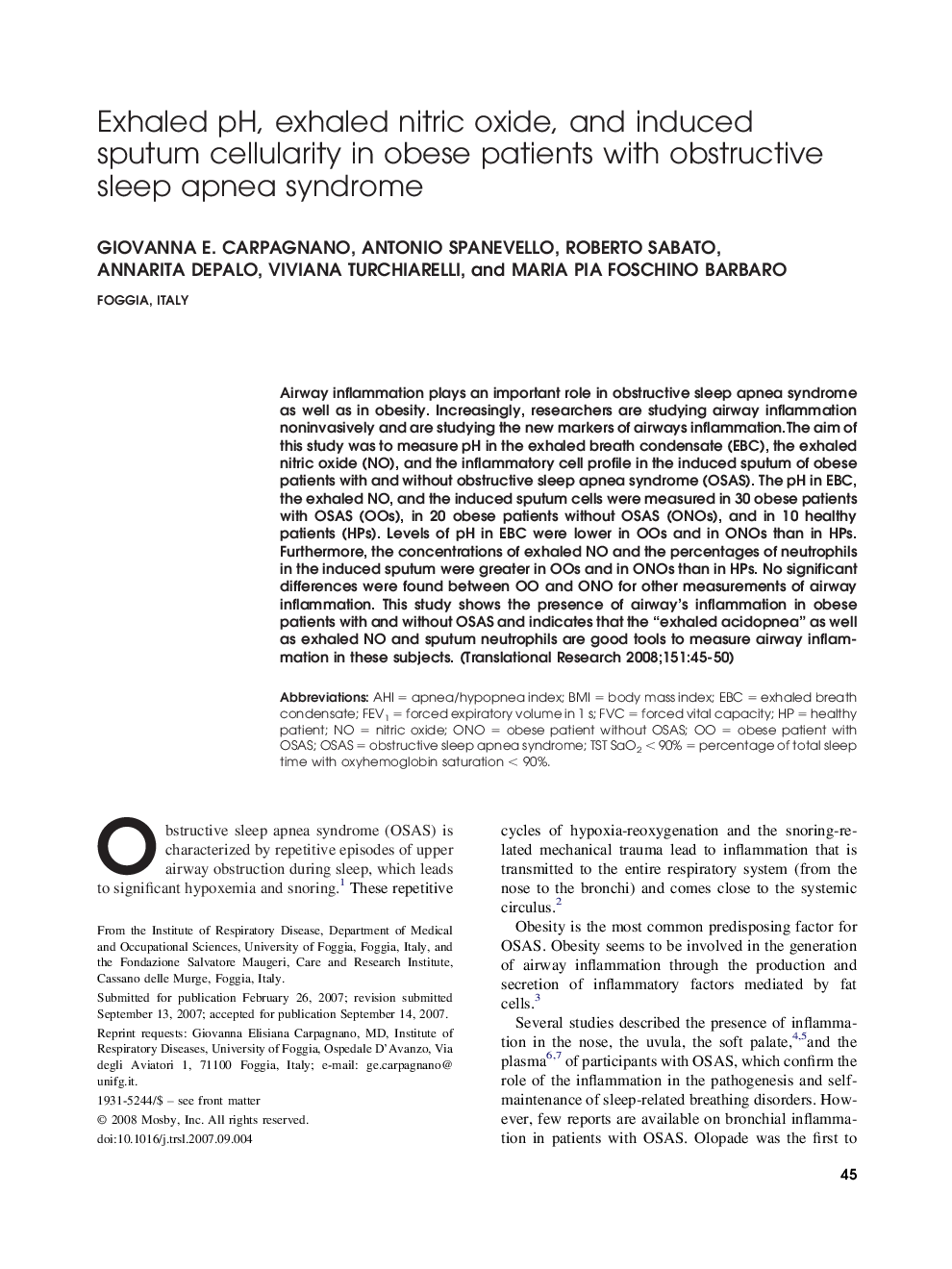 Exhaled pH, exhaled nitric oxide, and induced sputum cellularity in obese patients with obstructive sleep apnea syndrome