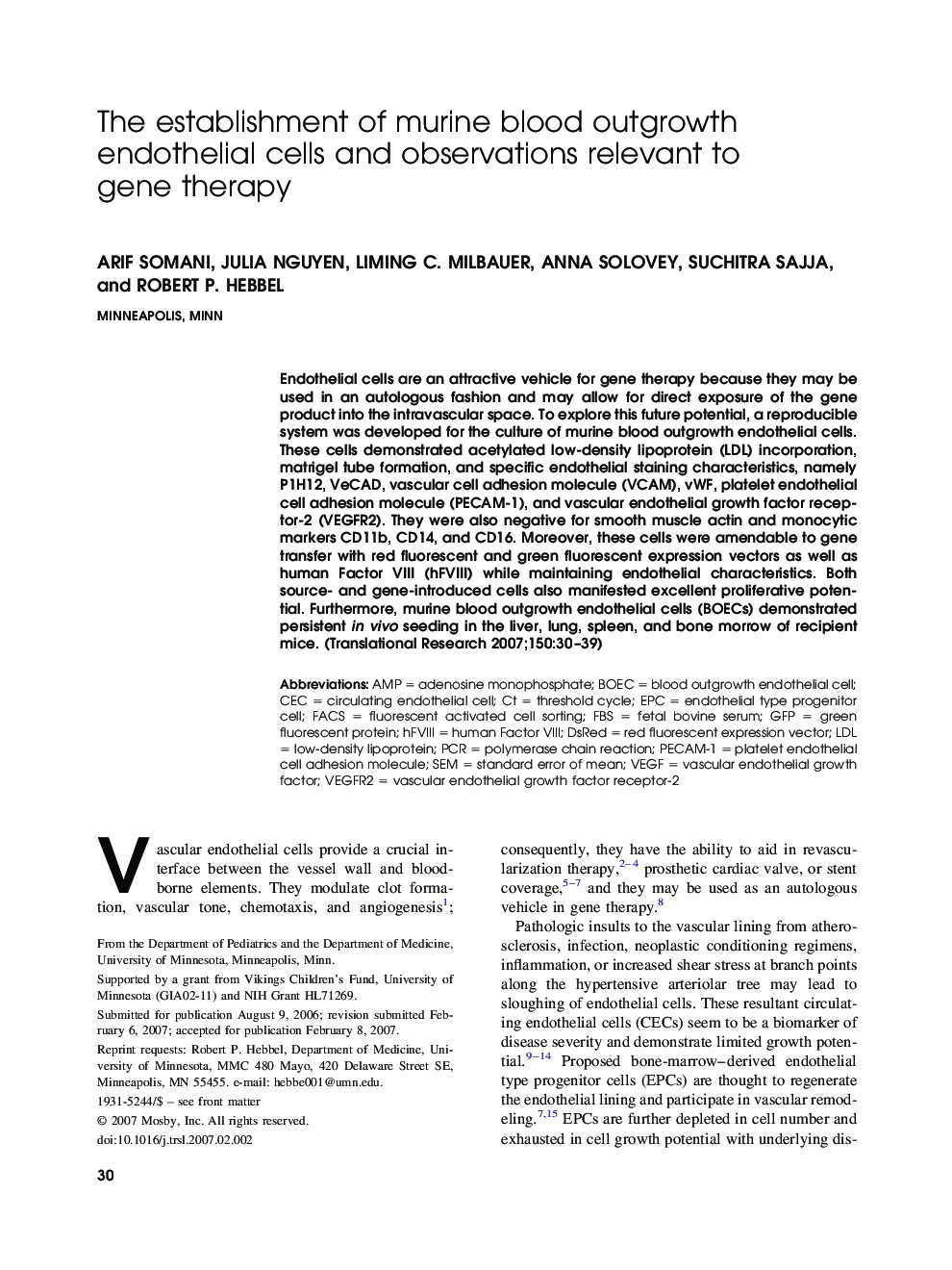 The establishment of murine blood outgrowth endothelial cells and observations relevant to gene therapy 