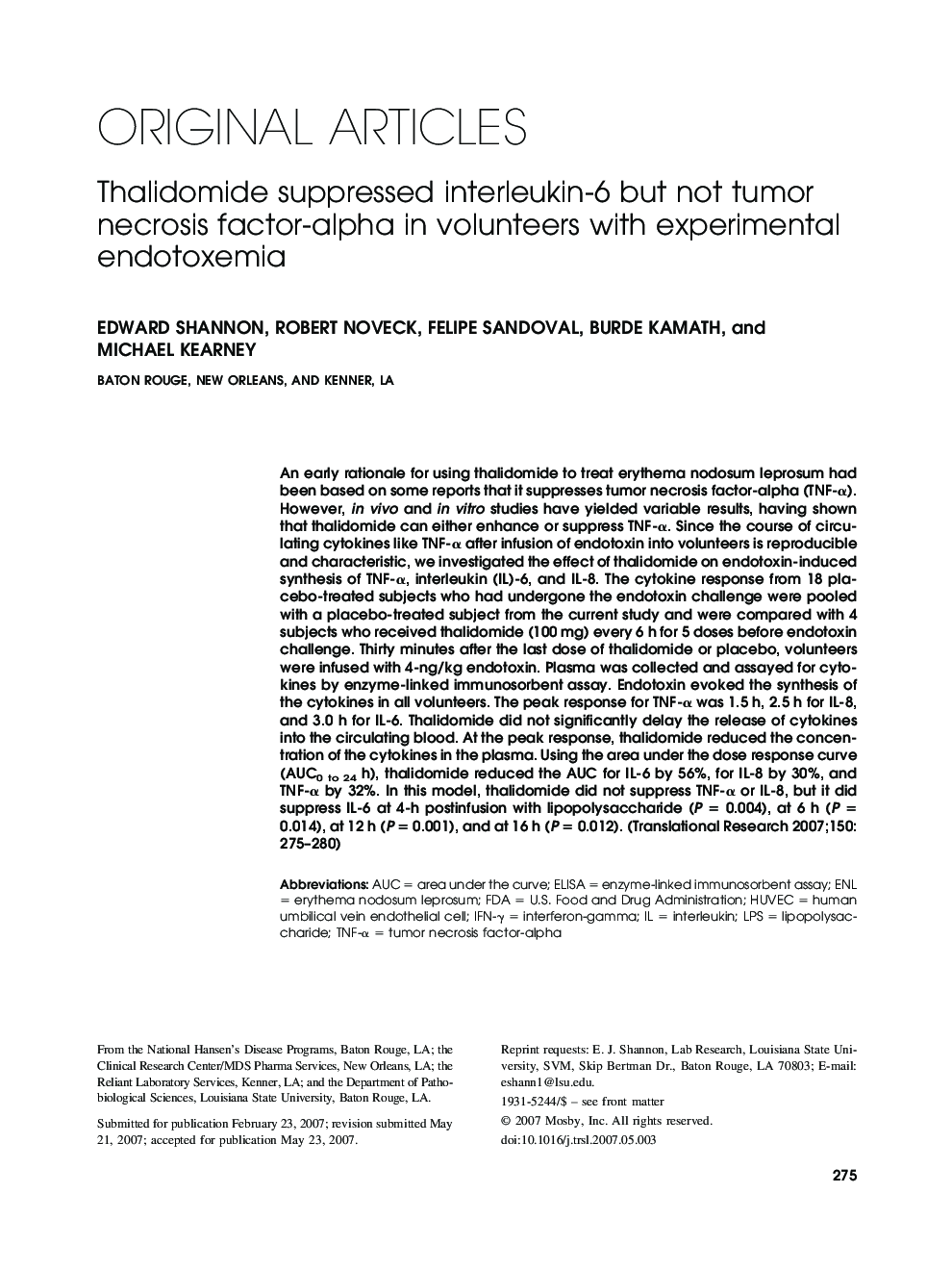 Thalidomide suppressed interleukin-6 but not tumor necrosis factor-alpha in volunteers with experimental endotoxemia