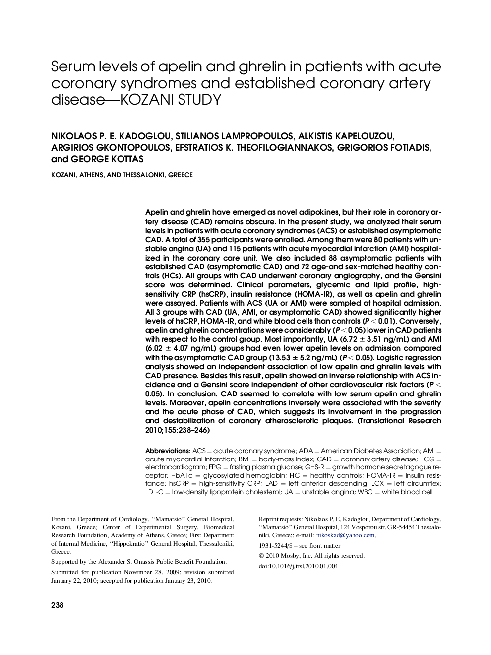 Serum levels of apelin and ghrelin in patients with acute coronary syndromes and established coronary artery disease—KOZANI STUDY 