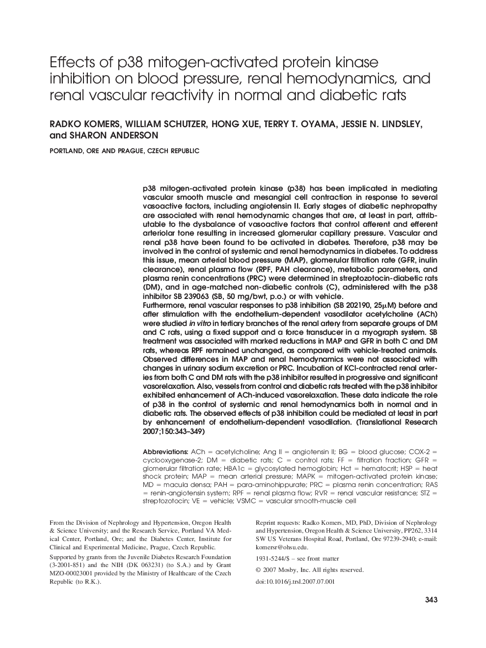 Effects of p38 mitogen-activated protein kinase inhibition on blood pressure, renal hemodynamics, and renal vascular reactivity in normal and diabetic rats 