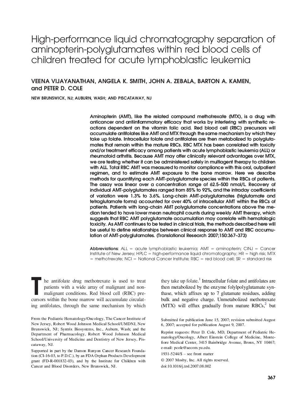 High-performance liquid chromatography separation of aminopterin-polyglutamates within red blood cells of children treated for acute lymphoblastic leukemia 