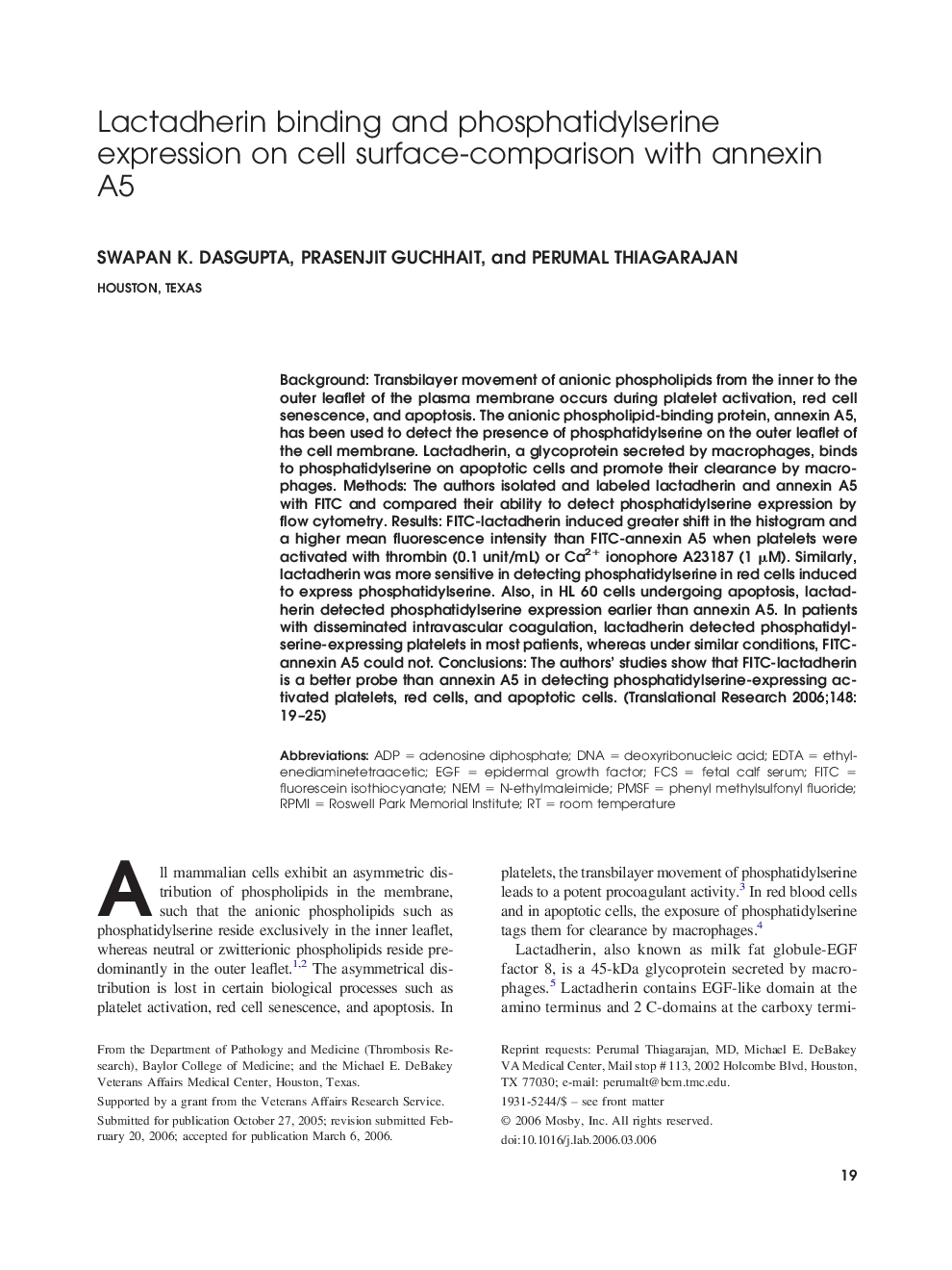 Lactadherin binding and phosphatidylserine expression on cell surface-comparison with annexin A5 