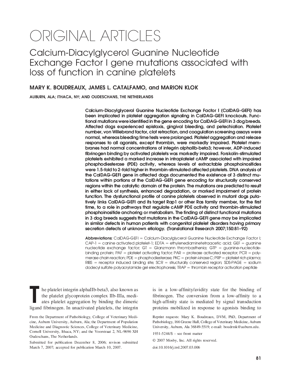 Calcium-Diacylglycerol Guanine Nucleotide Exchange Factor I gene mutations associated with loss of function in canine platelets