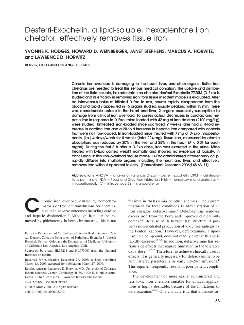 Desferri-Exochelin, a lipid-soluble, hexadentate iron chelator, effectively removes tissue iron