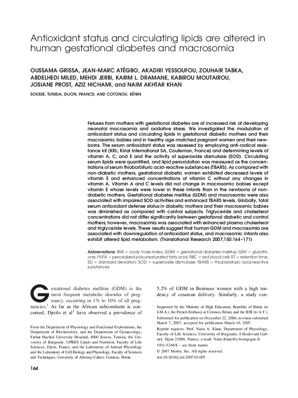 Antioxidant status and circulating lipids are altered in human gestational diabetes and macrosomia 