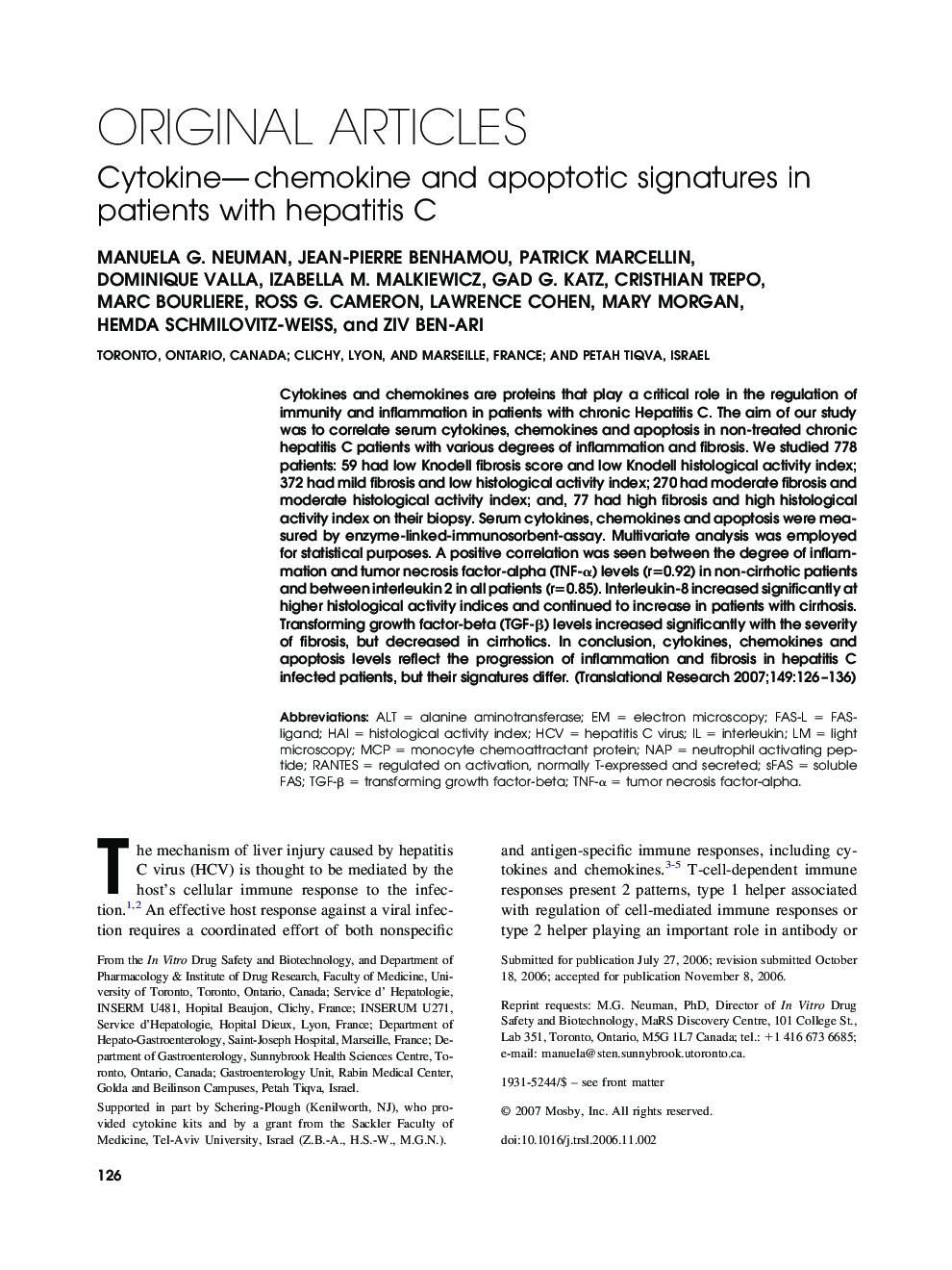 Cytokine—chemokine and apoptotic signatures in patients with hepatitis C 