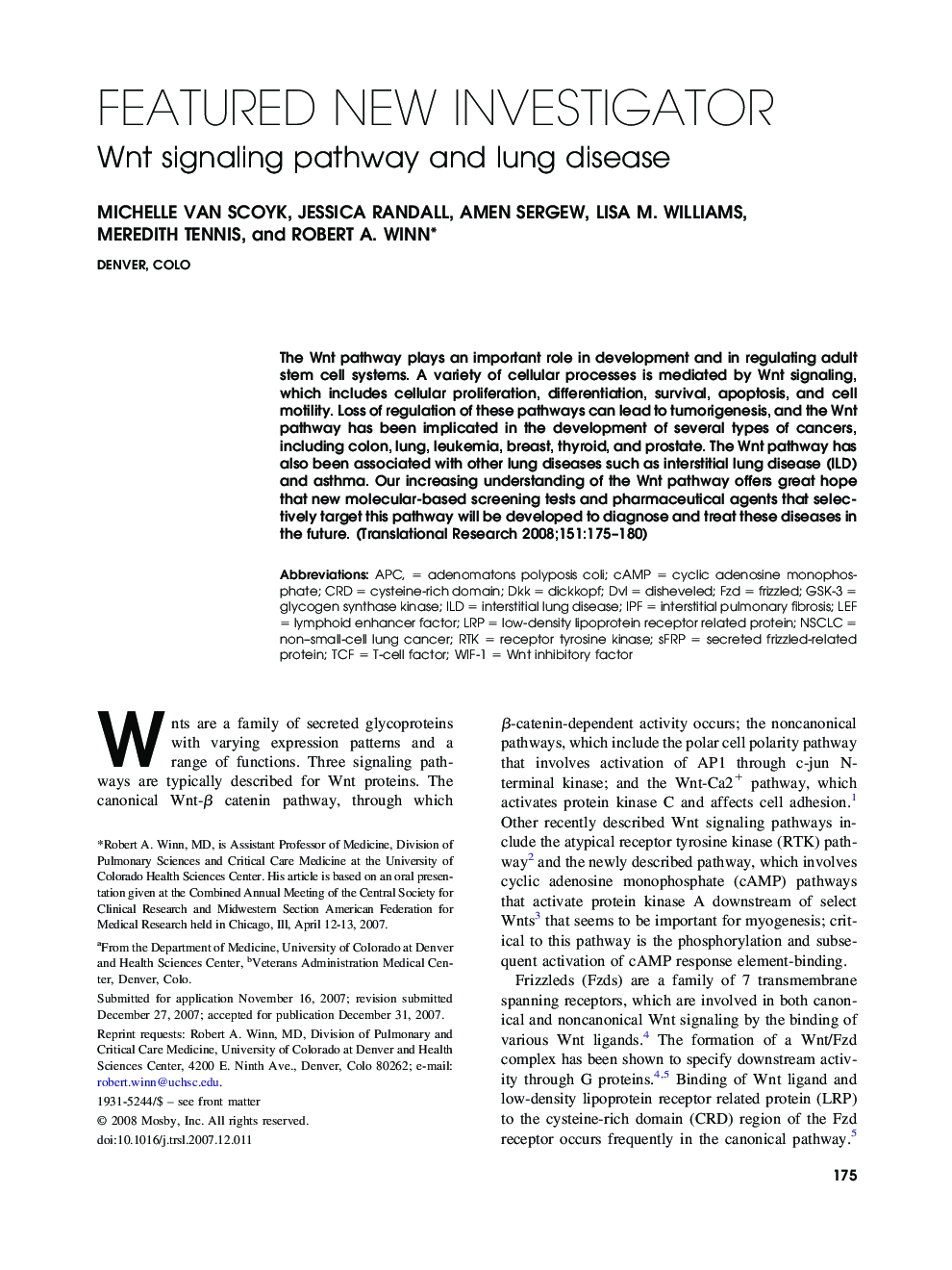 Wnt signaling pathway and lung disease