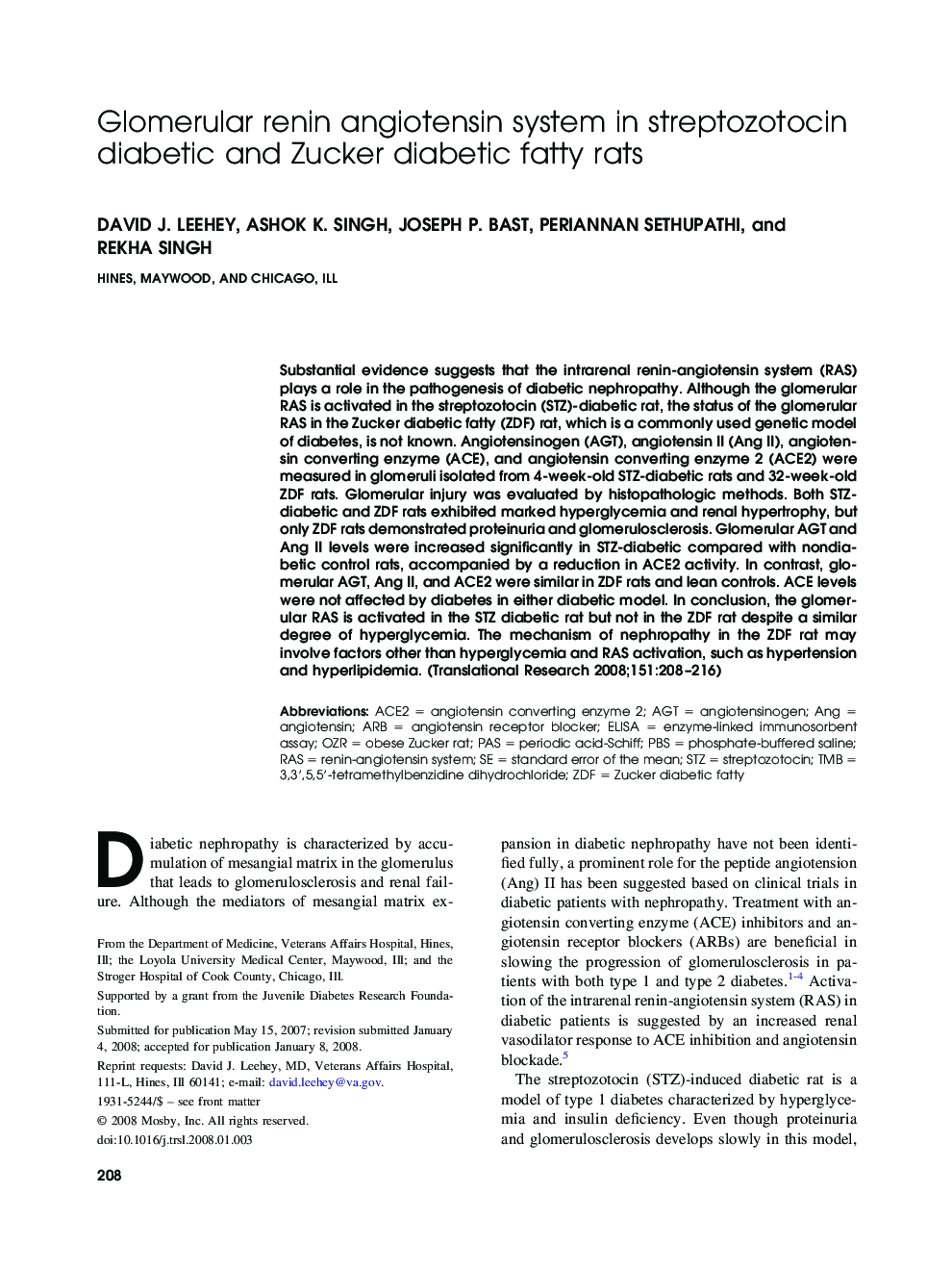 Glomerular renin angiotensin system in streptozotocin diabetic and Zucker diabetic fatty rats 