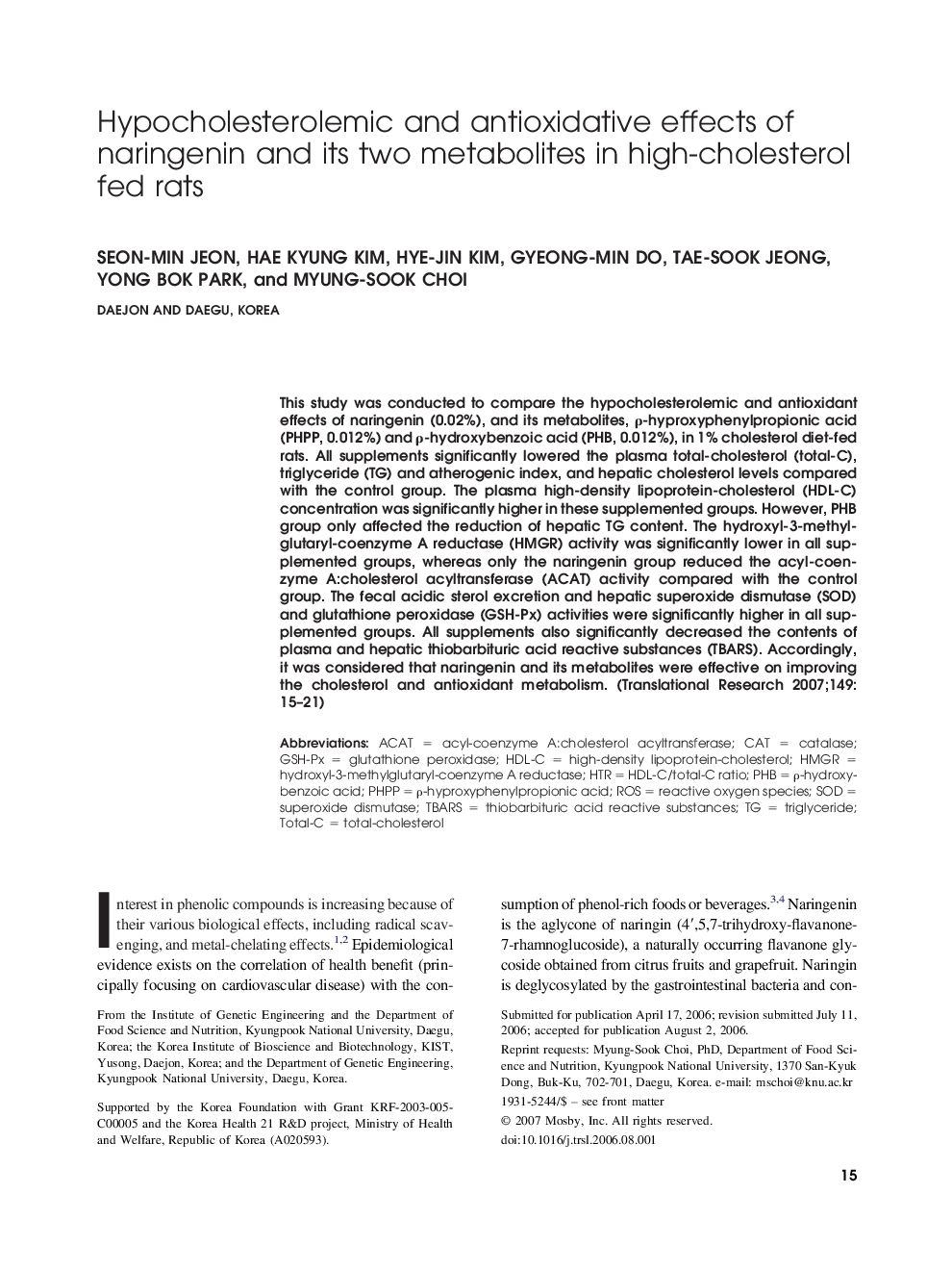عکس صفحه اول مقاله: Hypocholesterolemic and antioxidative effects of naringenin and its two metabolites in high-cholesterol fed rats Hypocholesterolemic and antioxidative effects of naringenin and its two metabolites in high-cholesterol fed rats