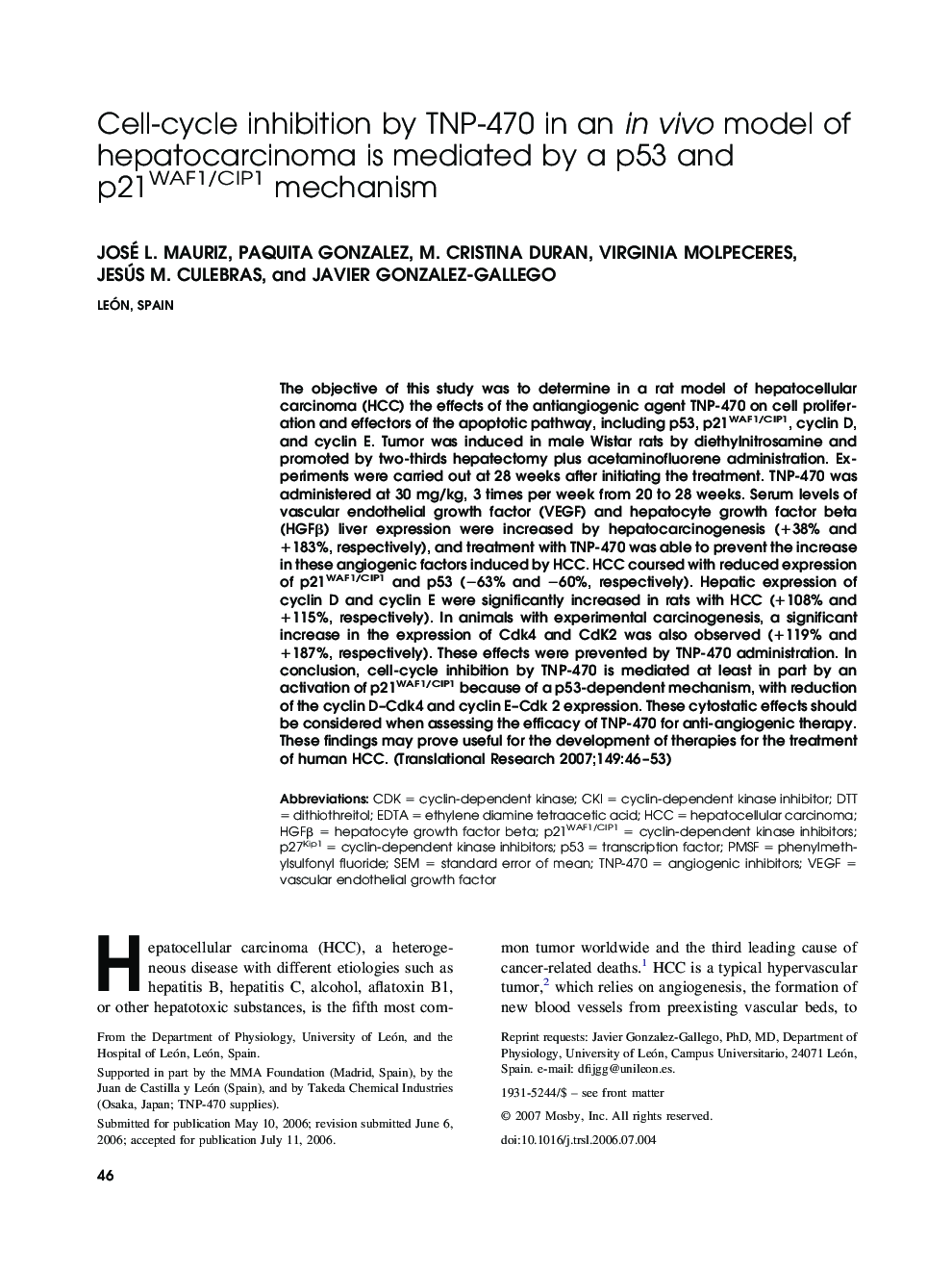 Cell-cycle inhibition by TNP-470 in an in vivo model of hepatocarcinoma is mediated by a p53 and p21WAF1/CIP1 mechanism 