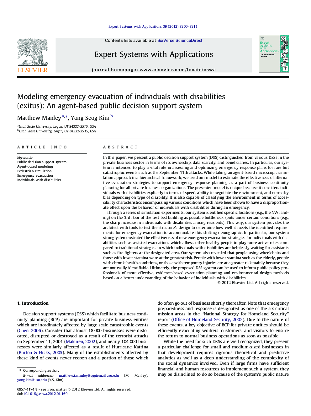 Modeling emergency evacuation of individuals with disabilities (exitus): An agent-based public decision support system