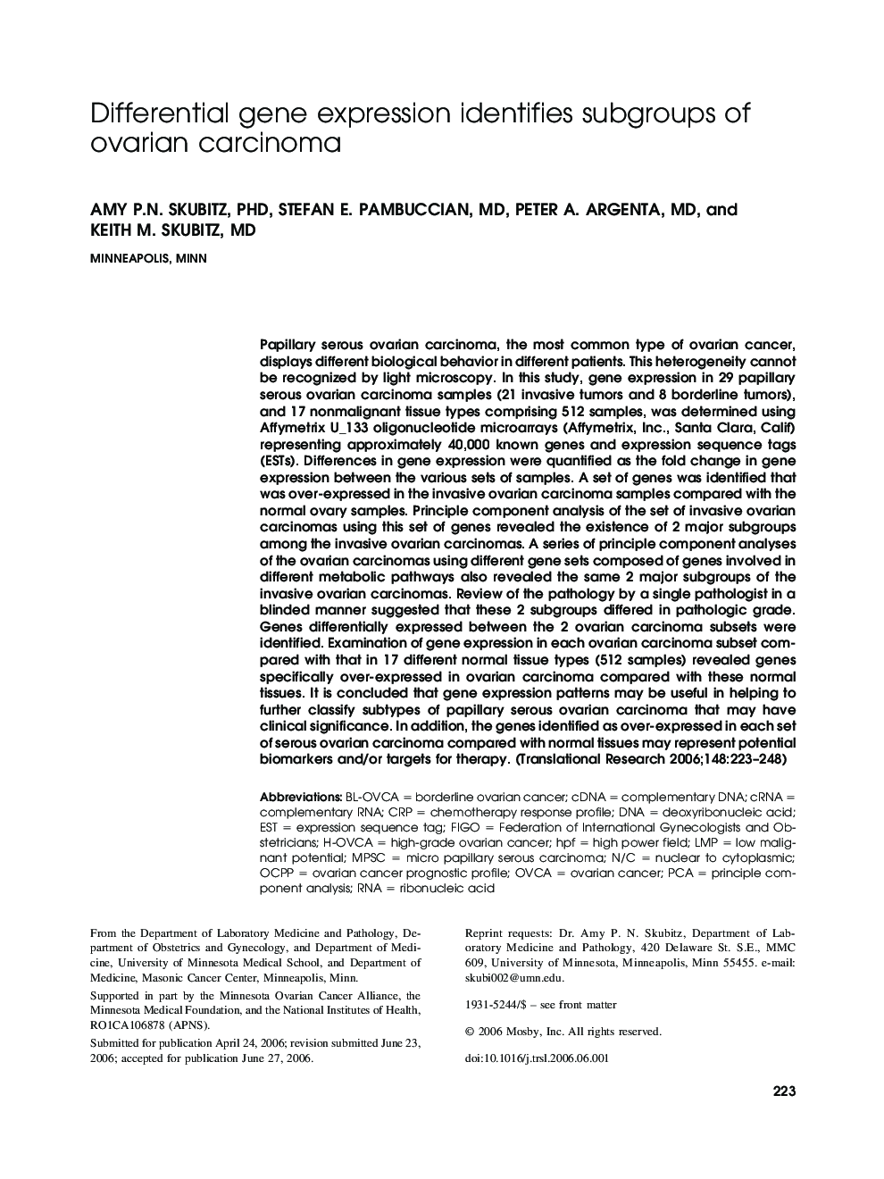 Differential gene expression identifies subgroups of ovarian carcinoma 