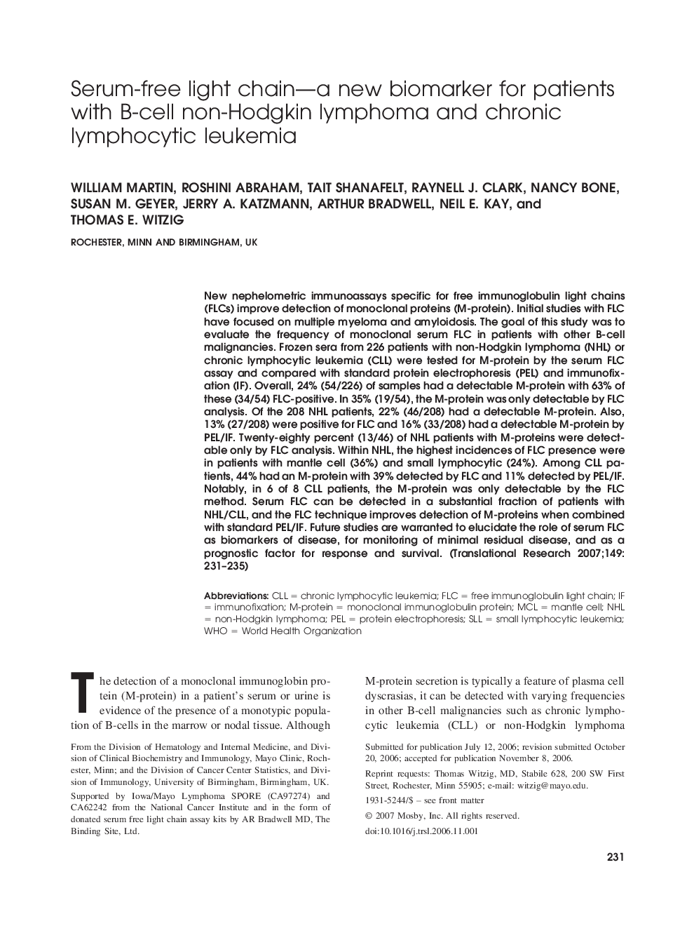 Serum-free light chain—a new biomarker for patients with B-cell non-Hodgkin lymphoma and chronic lymphocytic leukemia 