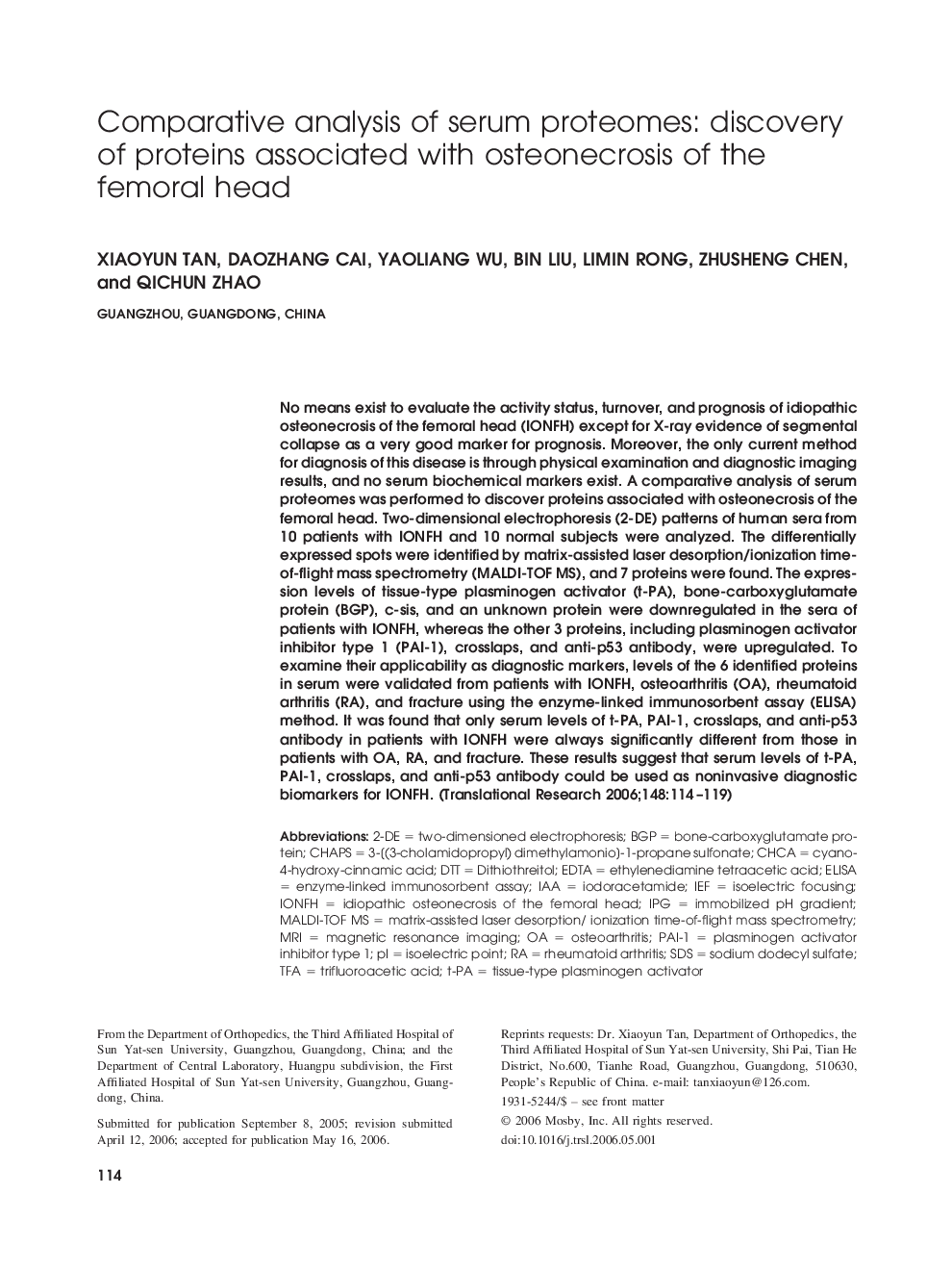 Comparative analysis of serum proteomes: discovery of proteins associated with osteonecrosis of the femoral head