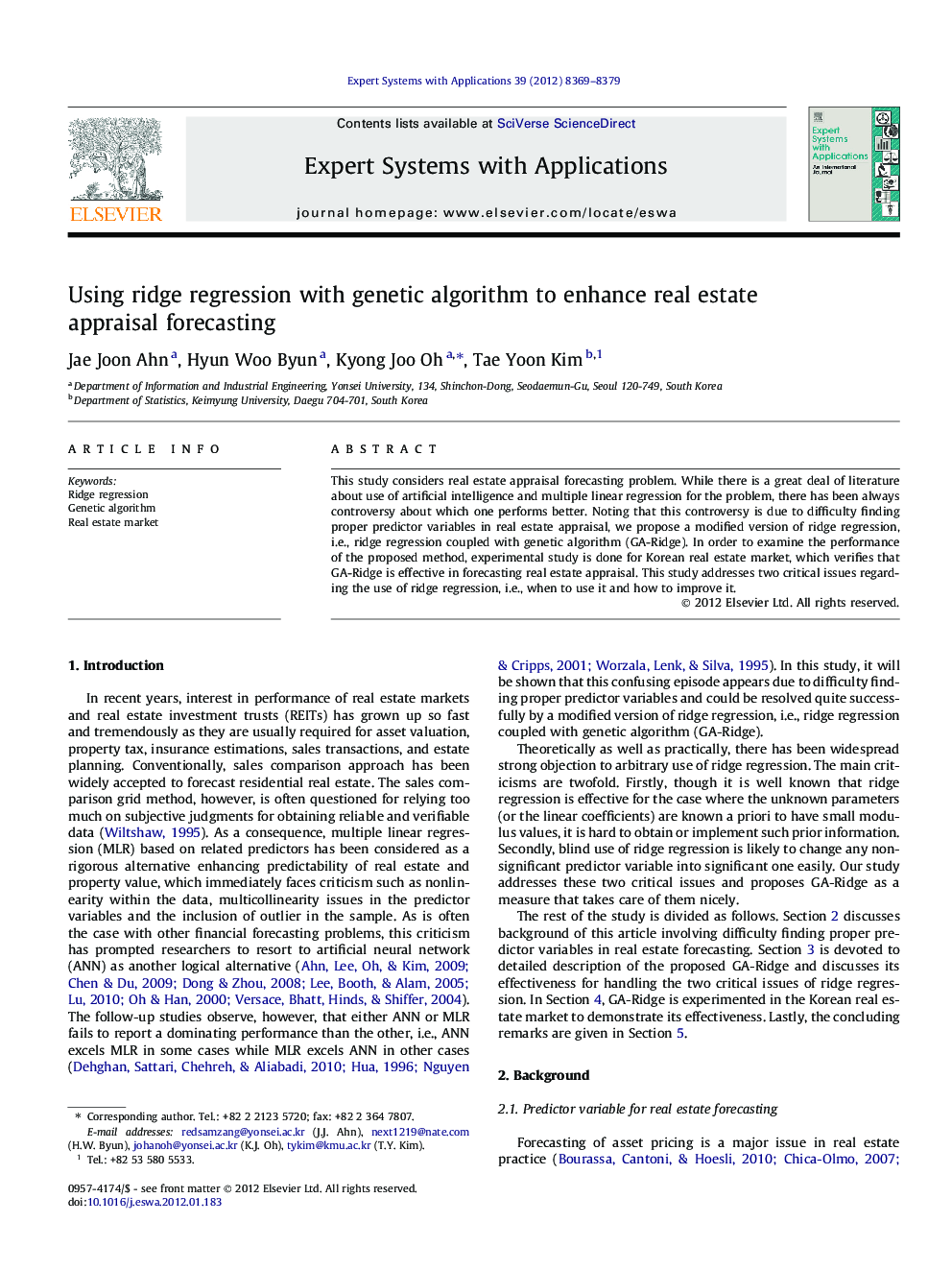 Using ridge regression with genetic algorithm to enhance real estate appraisal forecasting