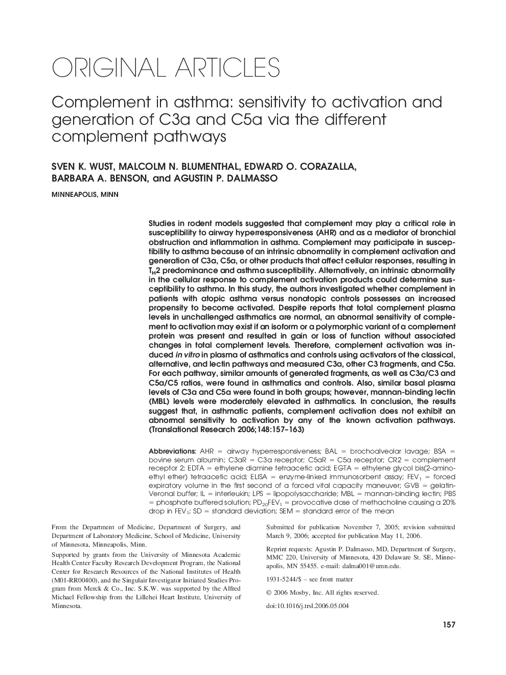 Complement in asthma: sensitivity to activation and generation of C3a and C5a via the different complement pathways 