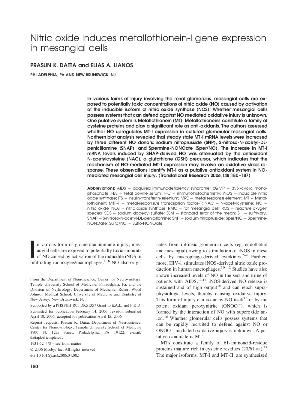 Nitric oxide induces metallothionein-I gene expression in mesangial cells 