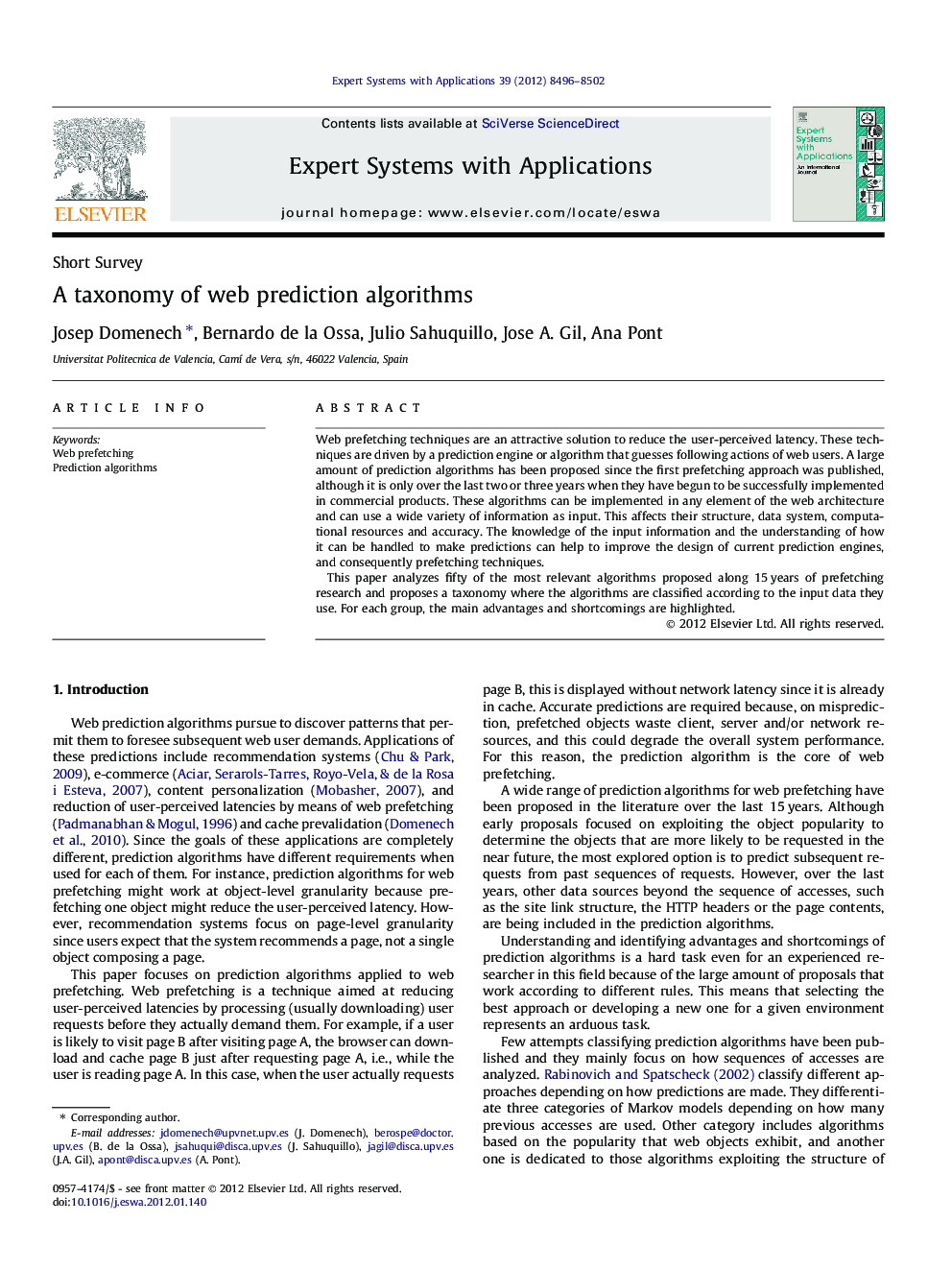 A taxonomy of web prediction algorithms